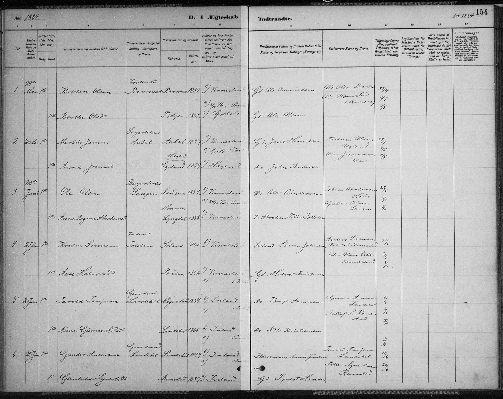 Vennesla sokneprestkontor, SAK/1111-0045/Fa/Fab/L0004: Ministerialbok nr. A 4, 1884-1896, s. 154