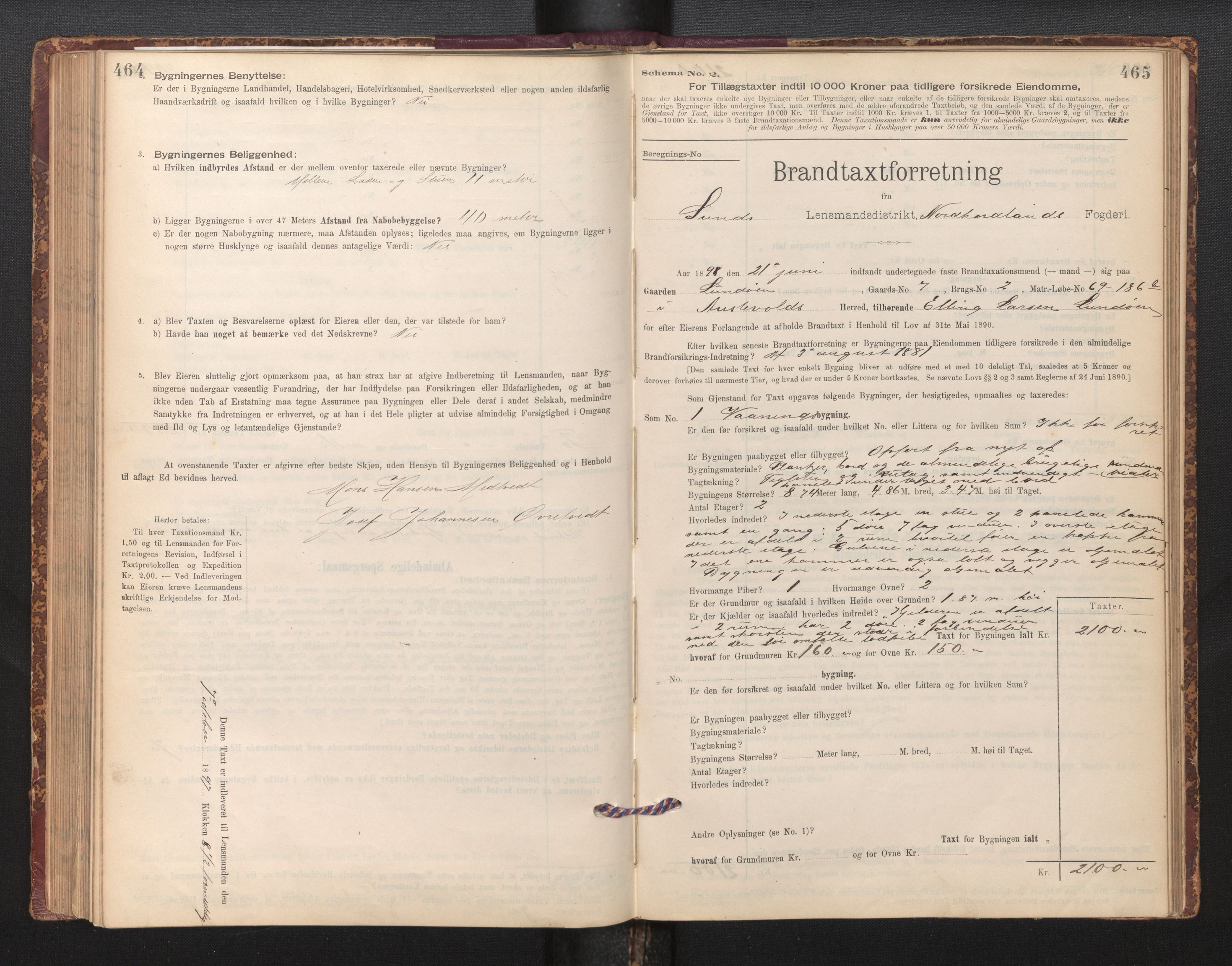 Lensmannen i Sund og Austevoll, SAB/A-35201/0012/L0003: Branntakstprotokoll, skjematakst, 1894-1917, s. 464-465