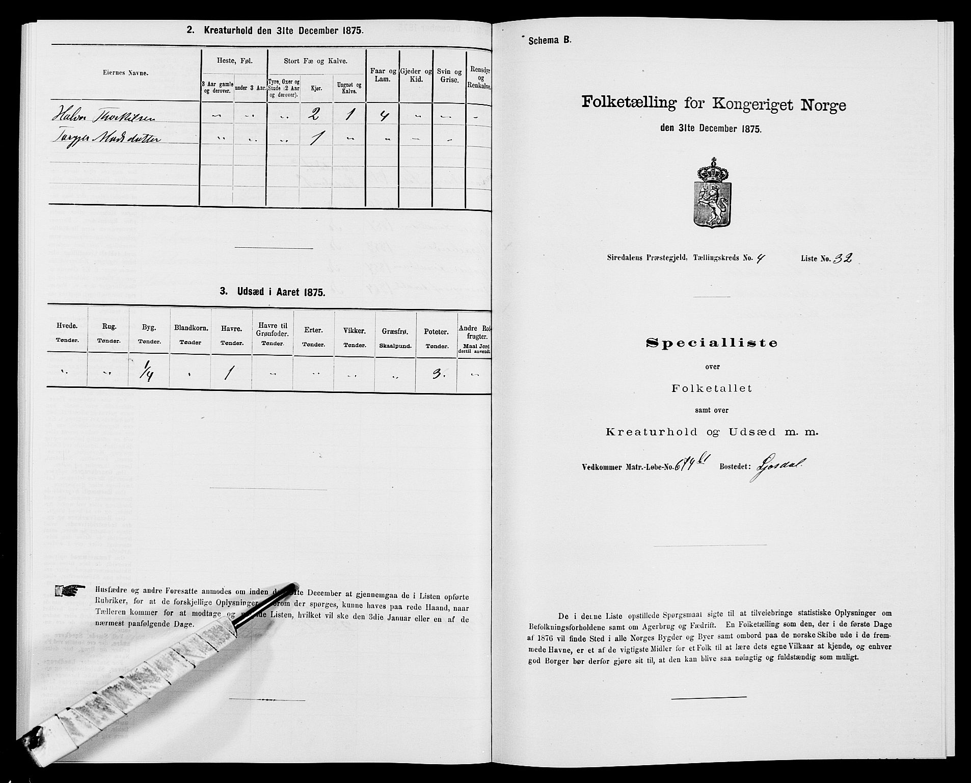 SAK, Folketelling 1875 for 1046P Sirdal prestegjeld, 1875, s. 397