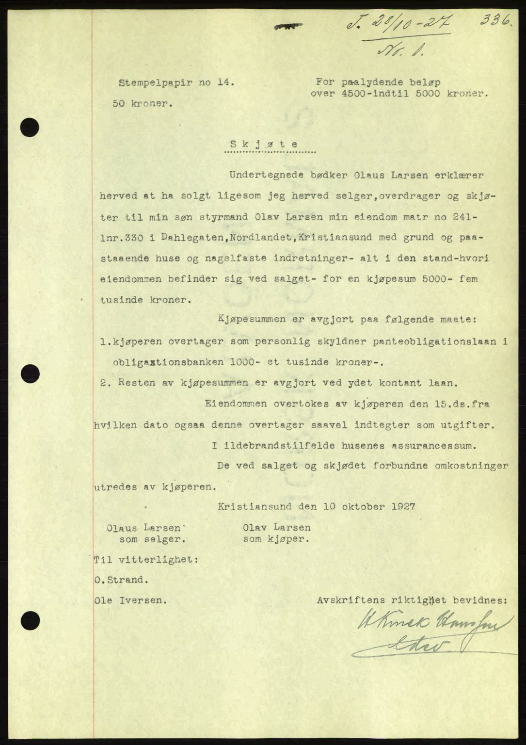 Kristiansund byfogd, AV/SAT-A-4587/A/27: Pantebok nr. 21, 1926-1928, Tingl.dato: 28.10.1927