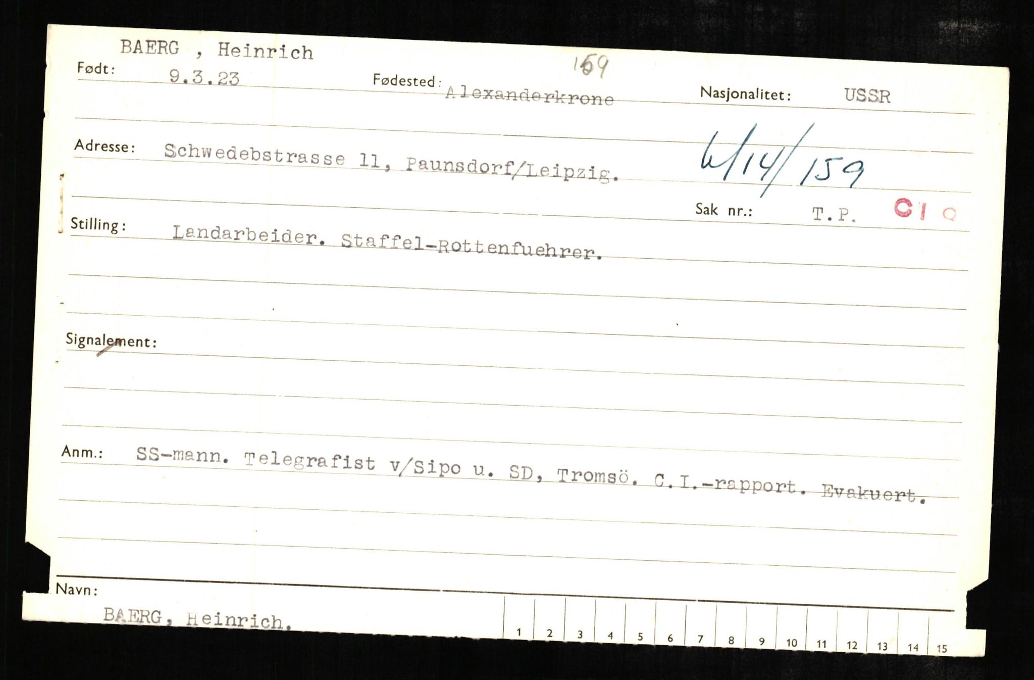 Forsvaret, Forsvarets overkommando II, RA/RAFA-3915/D/Db/L0005: CI Questionaires. Tyske okkupasjonsstyrker i Norge. Tyskere., 1945-1946, s. 101