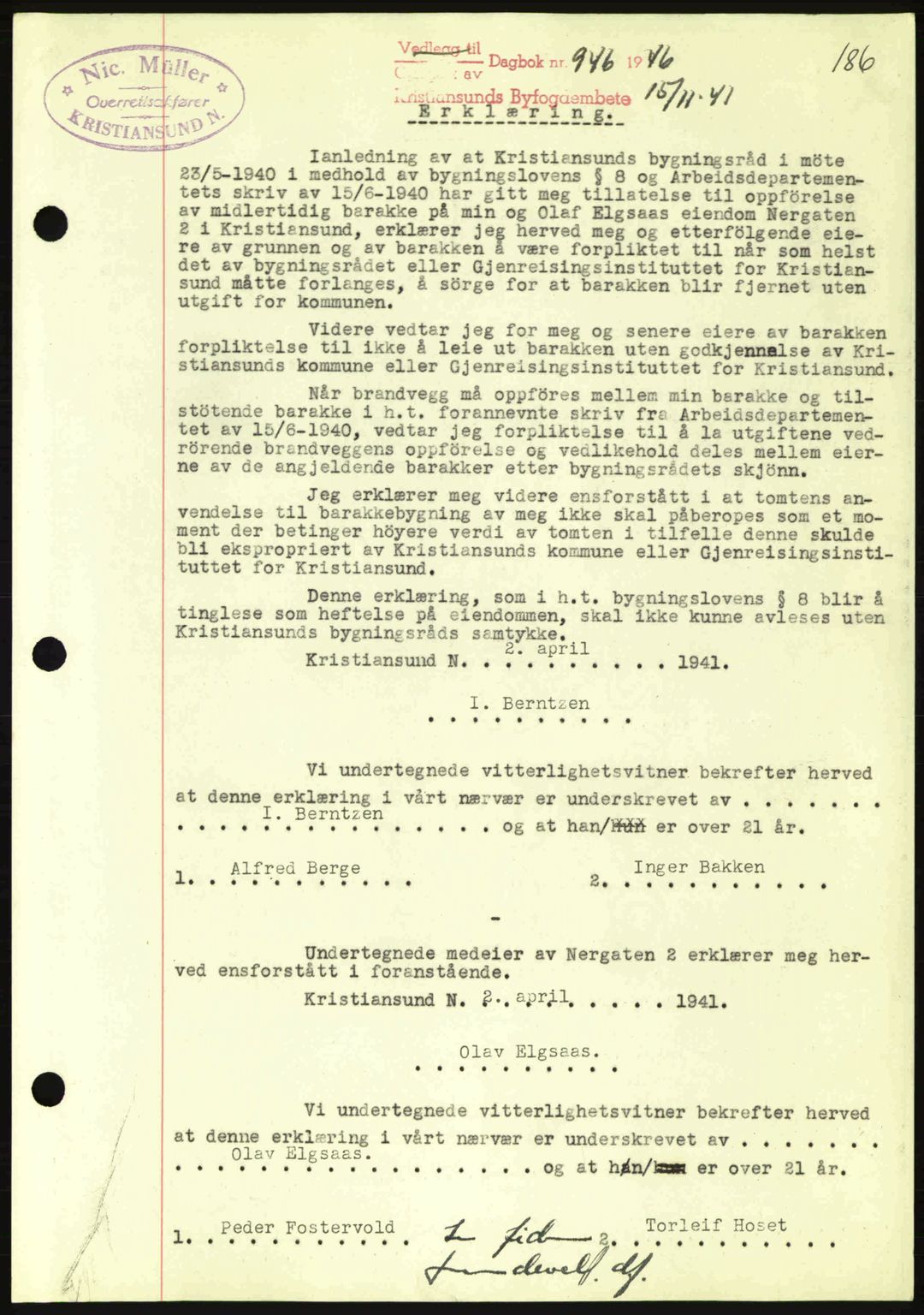 Kristiansund byfogd, AV/SAT-A-4587/A/27: Pantebok nr. 35, 1941-1942, Dagboknr: 946/1941