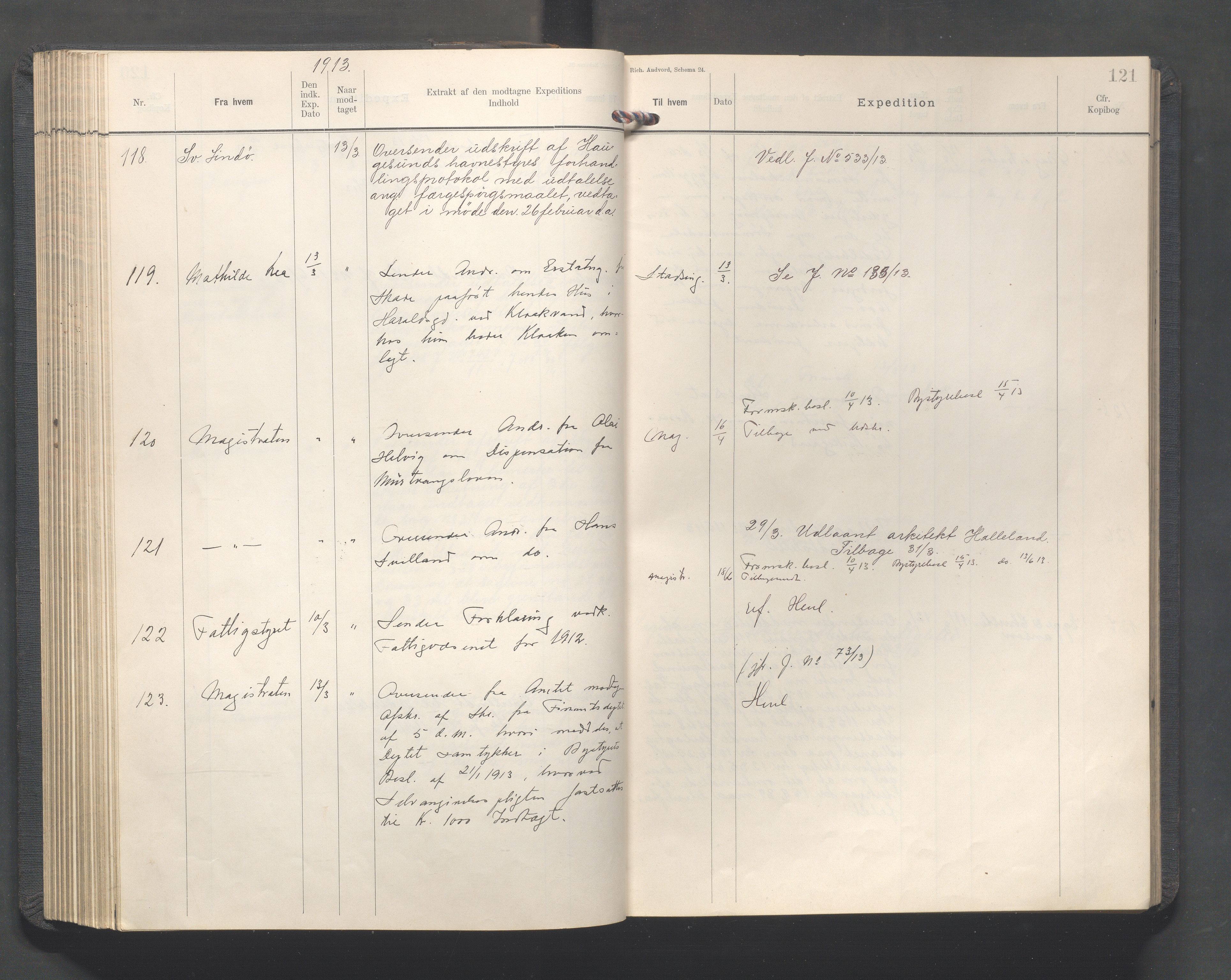 Haugesund kommune - Formannskapet, IKAR/X-0001/C/L0005: Journal, 1912-1914, s. 121