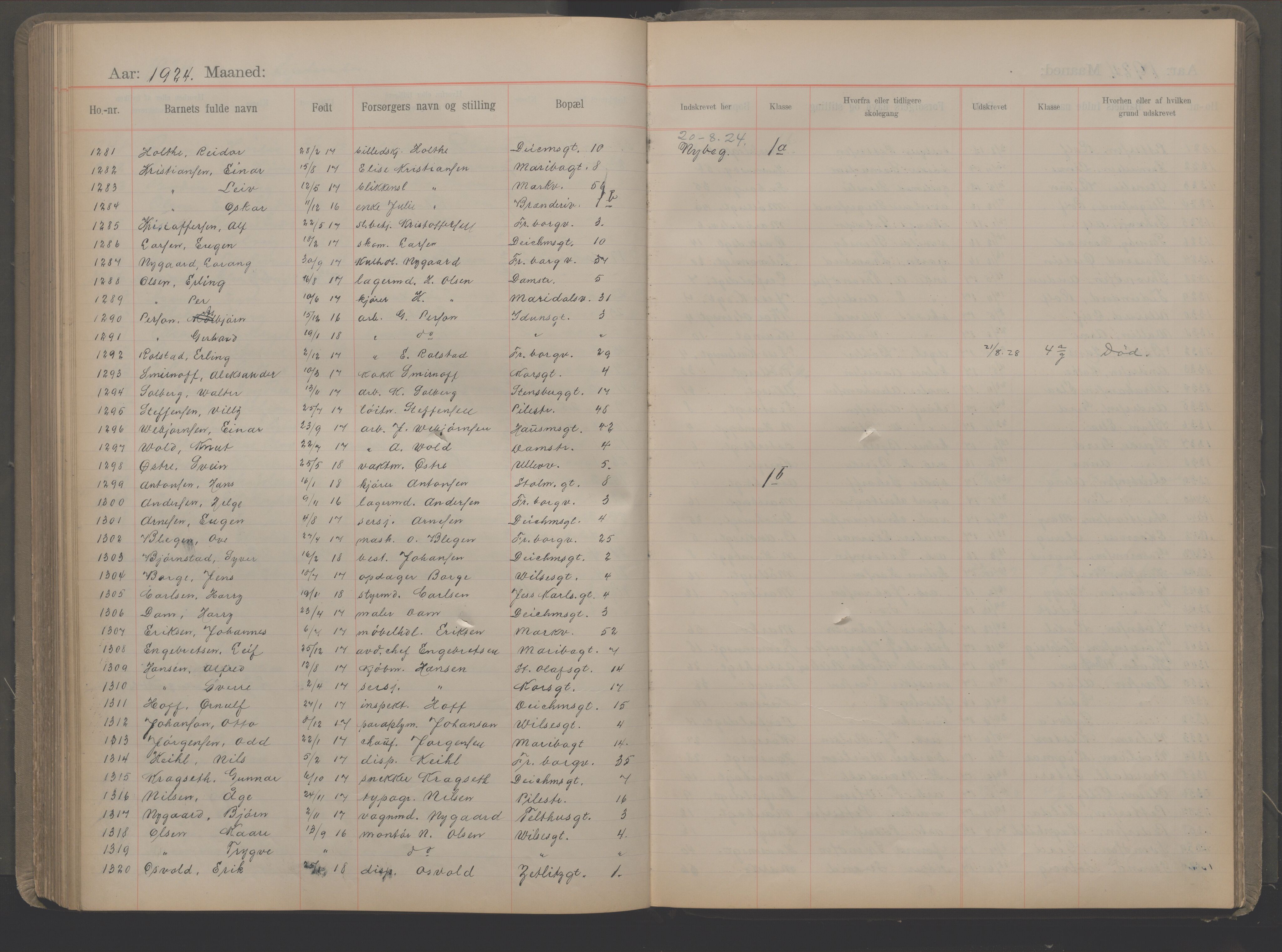 Møllergata skole, OBA/A-20129/F/Fa/L0002: Ut-/innskrivningsprotokoll, 1907-1932, s. 164