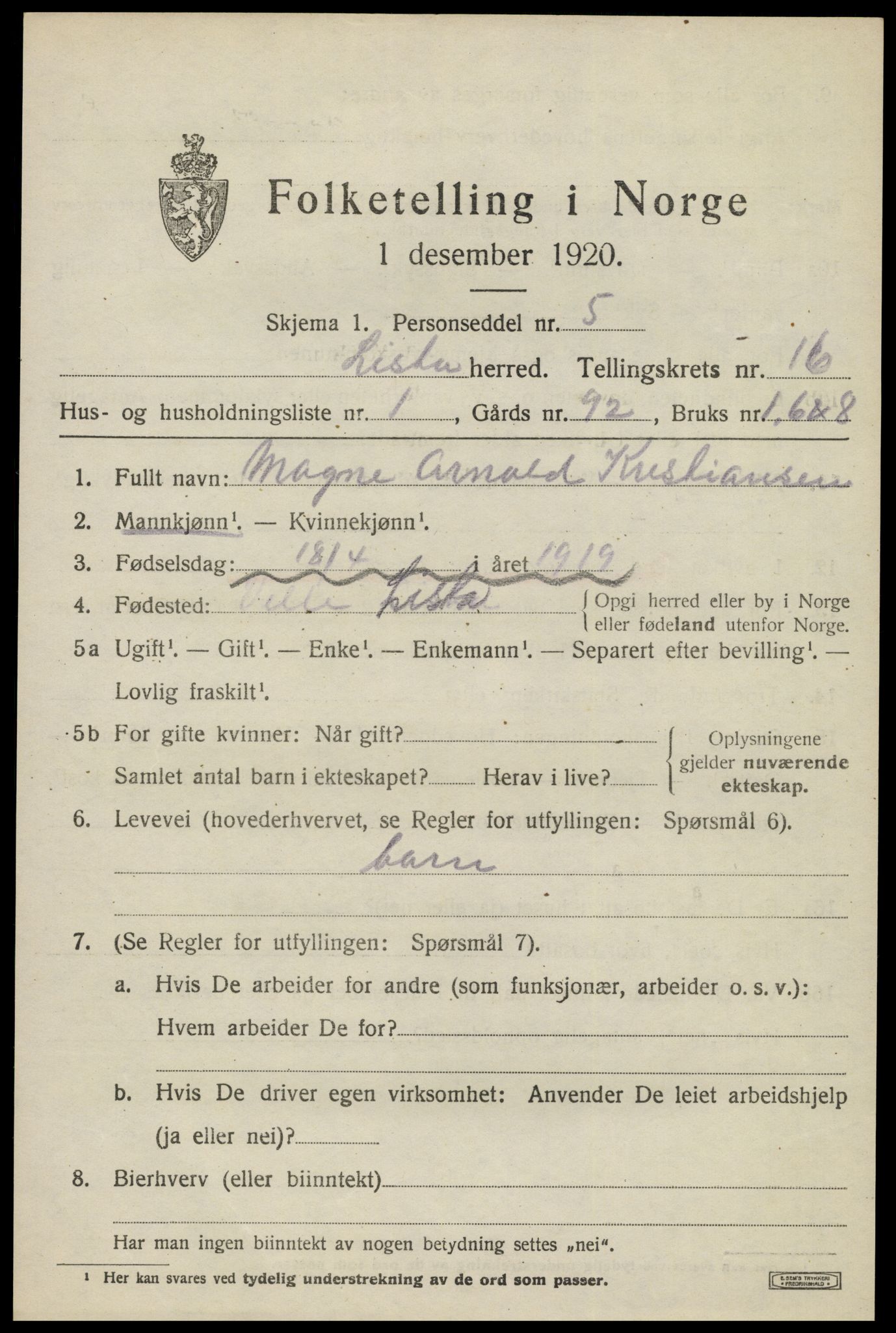 SAK, Folketelling 1920 for 1041 Lista herred, 1920, s. 12937