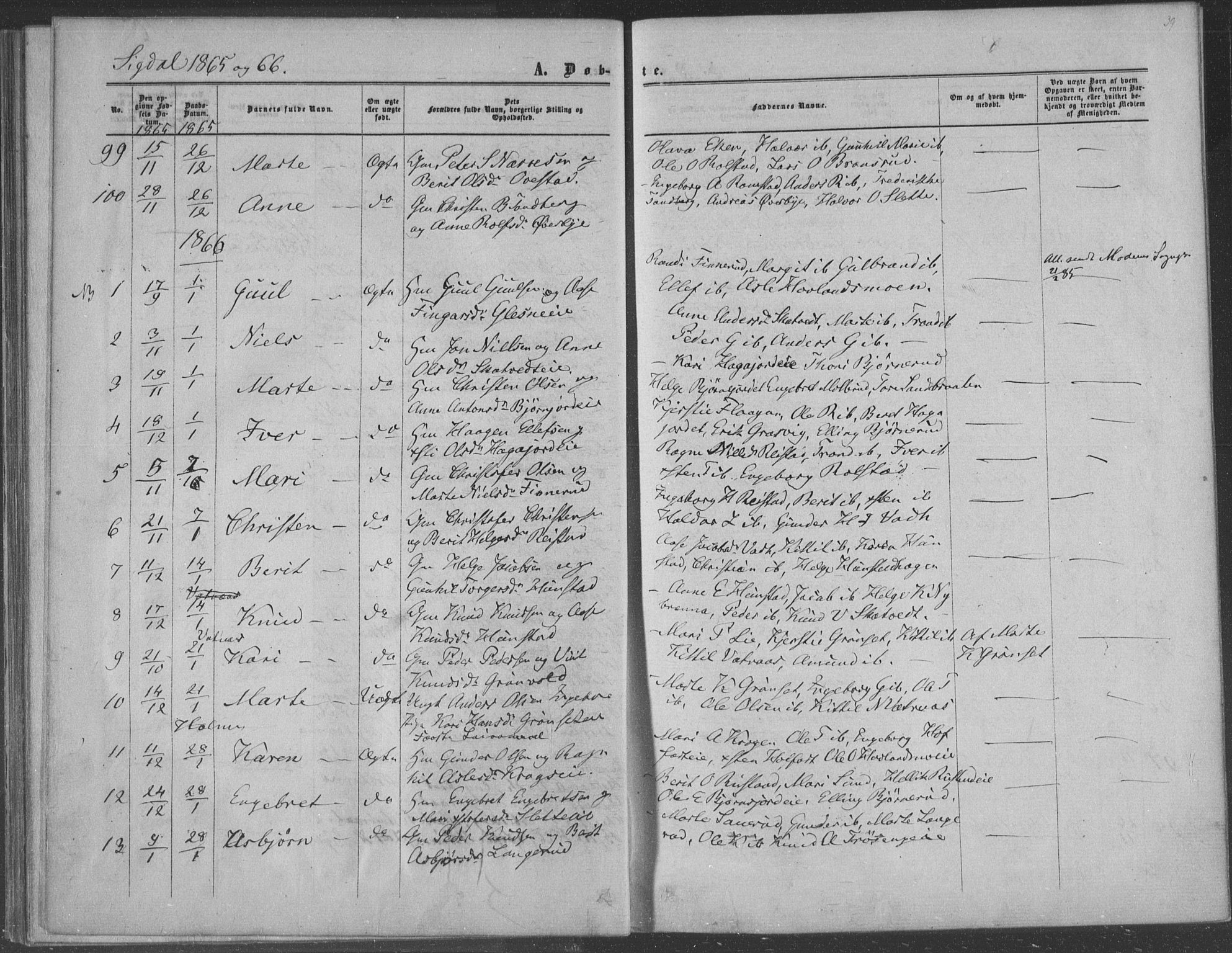 Sigdal kirkebøker, AV/SAKO-A-245/F/Fa/L0009a: Ministerialbok nr. I 9A, 1860-1871, s. 39