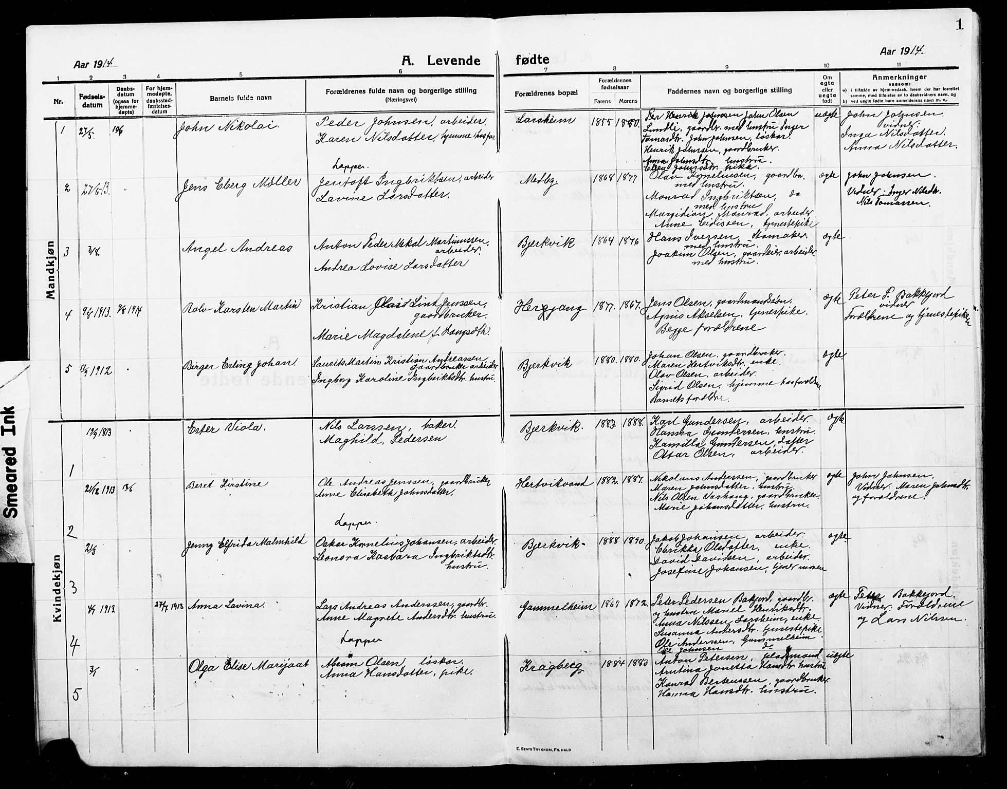 Ministerialprotokoller, klokkerbøker og fødselsregistre - Nordland, AV/SAT-A-1459/868/L0969: Klokkerbok nr. 868C01, 1914-1925, s. 1