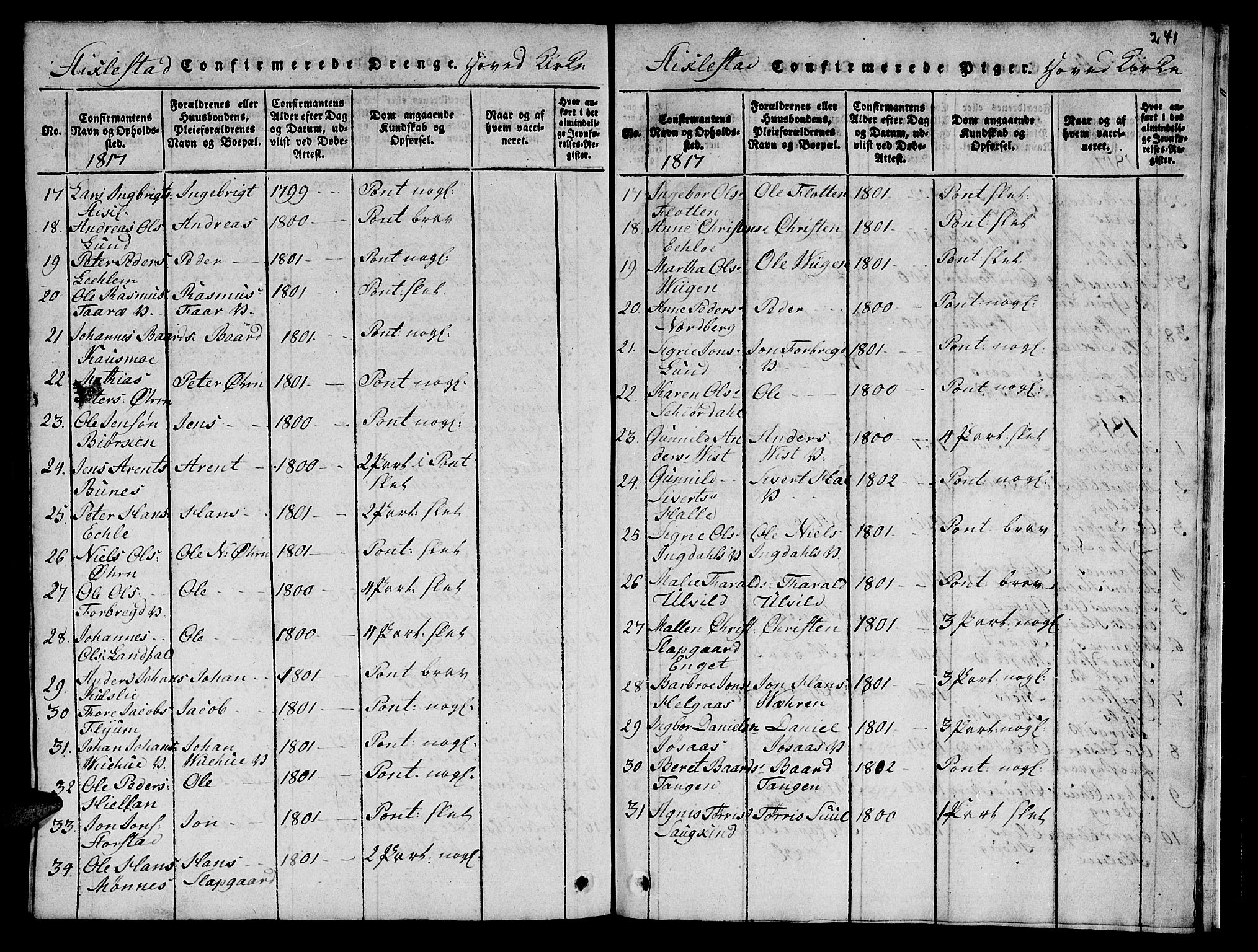 Ministerialprotokoller, klokkerbøker og fødselsregistre - Nord-Trøndelag, SAT/A-1458/723/L0251: Klokkerbok nr. 723C01 /1, 1816-1831, s. 241
