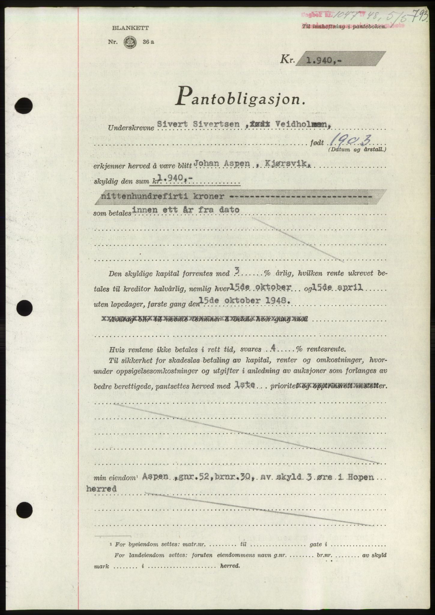 Nordmøre sorenskriveri, SAT/A-4132/1/2/2Ca: Pantebok nr. B98, 1948-1948, Dagboknr: 1047/1948