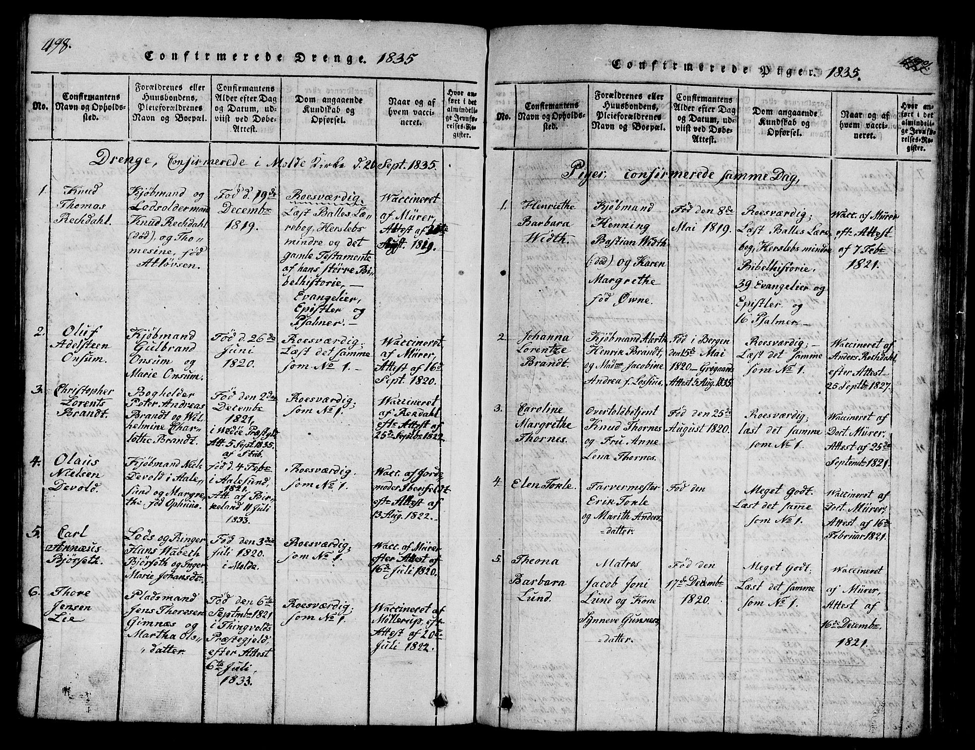 Ministerialprotokoller, klokkerbøker og fødselsregistre - Møre og Romsdal, AV/SAT-A-1454/558/L0700: Klokkerbok nr. 558C01, 1818-1868, s. 498-499