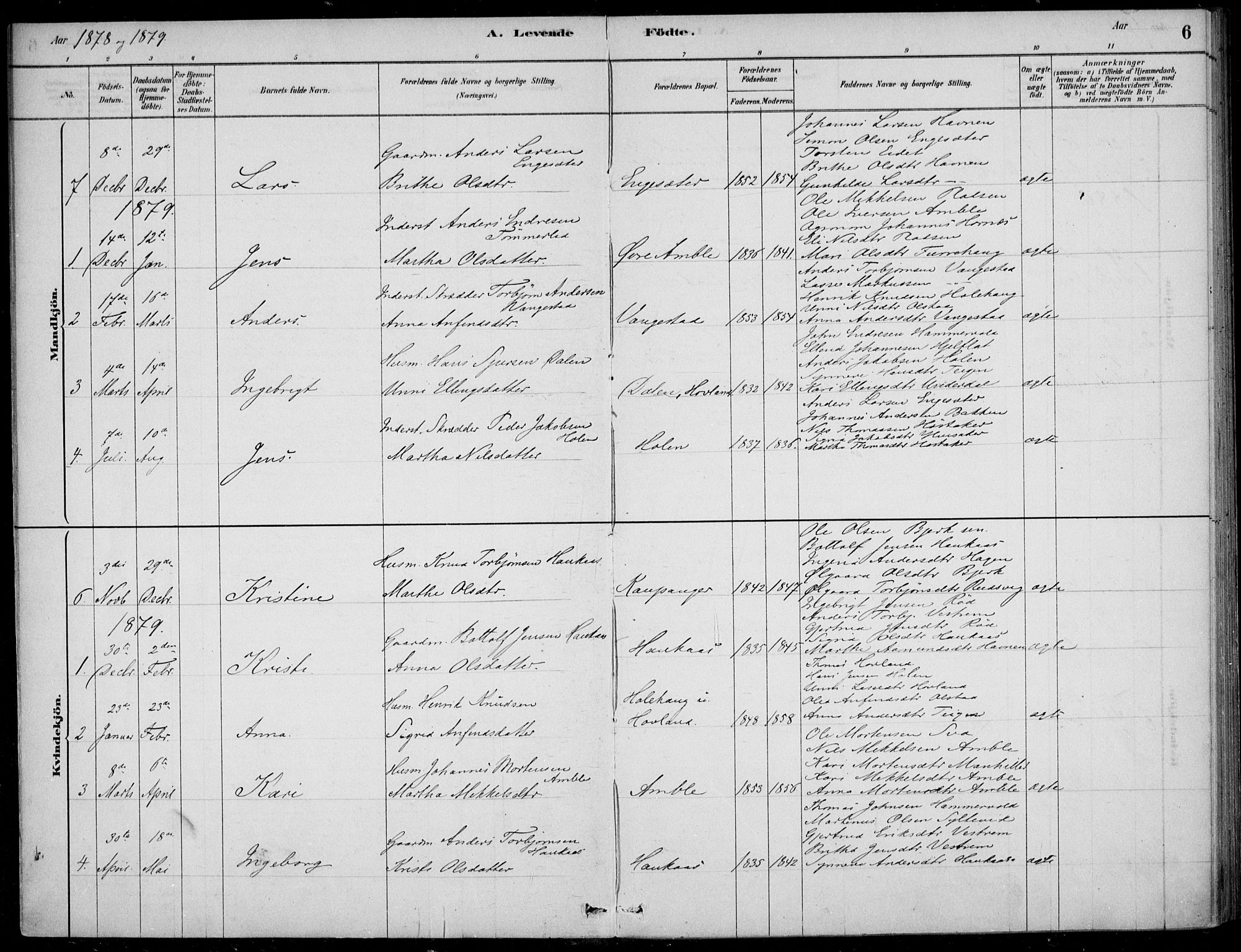 Sogndal sokneprestembete, AV/SAB-A-81301/H/Haa/Haad/L0001: Ministerialbok nr. D  1, 1878-1907, s. 6