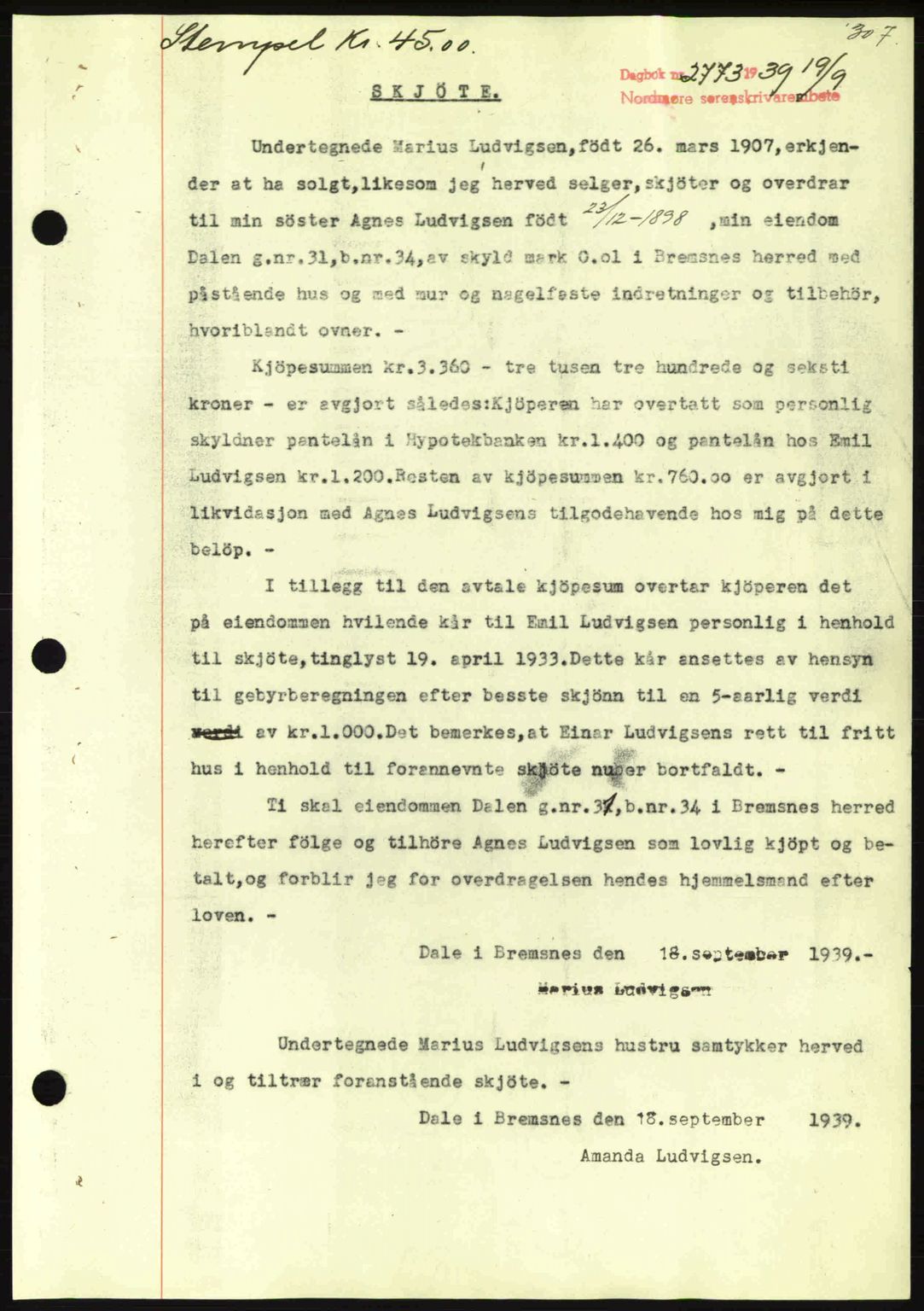 Nordmøre sorenskriveri, SAT/A-4132/1/2/2Ca: Pantebok nr. A87, 1939-1940, Dagboknr: 2773/1939