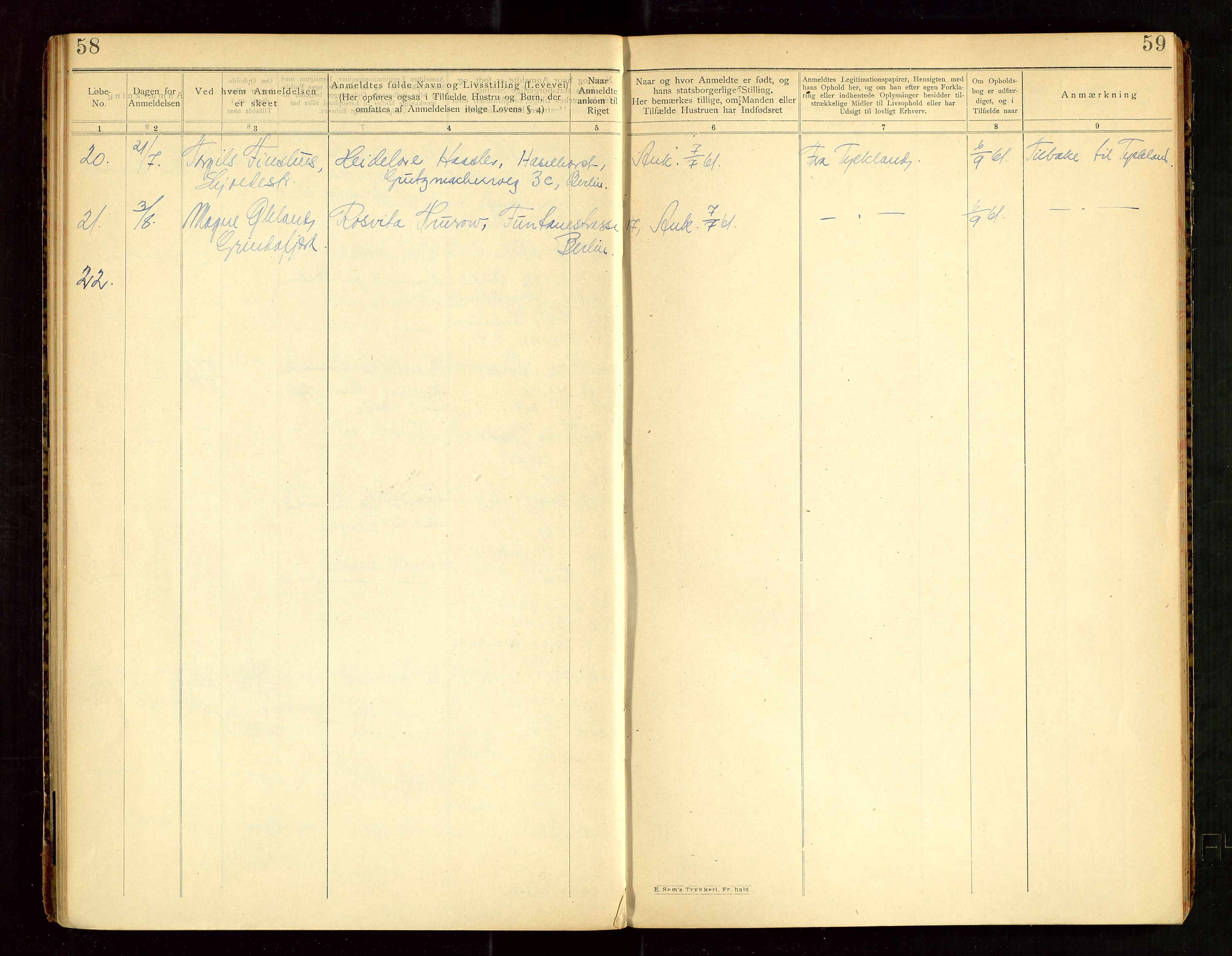 Skjold lensmannskontor, SAST/A-100182/Fea/L0001: "Protokol over anmeldte fremmede Statsborgere for lensmanden i Skjold", 1910-1961, s. 58-59