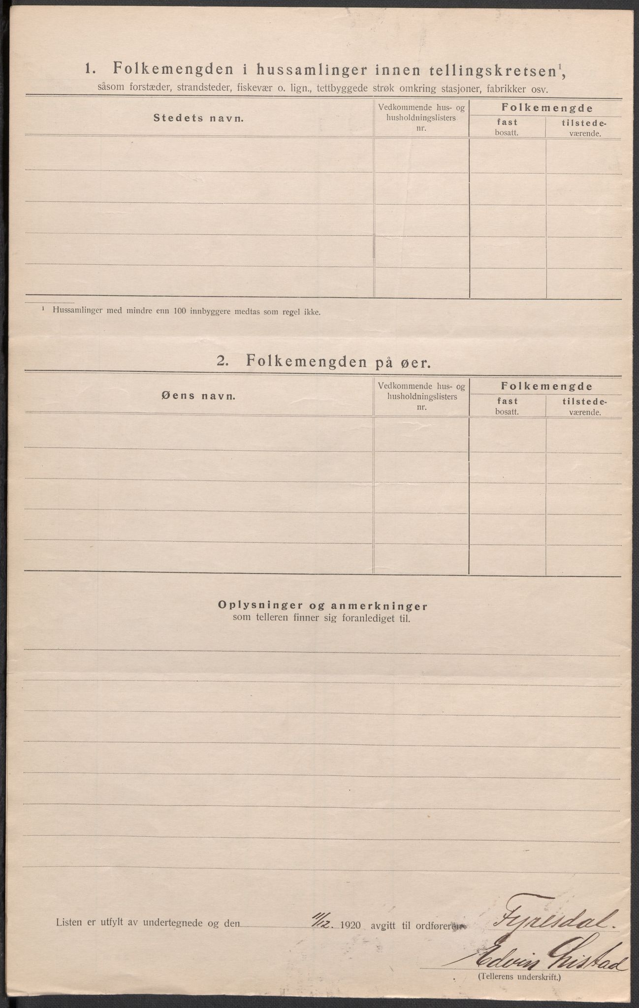 SAKO, Folketelling 1920 for 0831 Fyresdal herred, 1920, s. 7