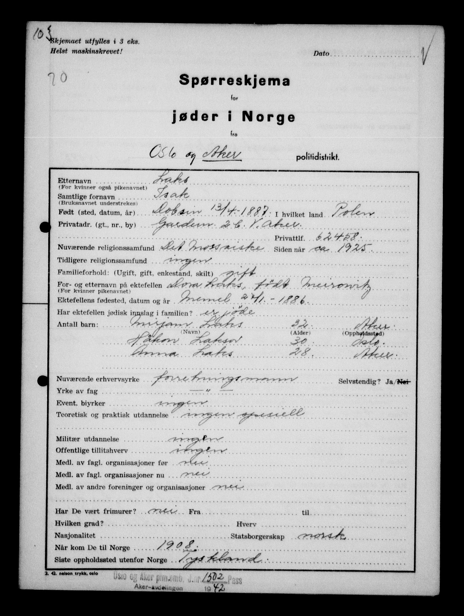 Statspolitiet - Hovedkontoret / Osloavdelingen, AV/RA-S-1329/G/Ga/L0011: Spørreskjema for jøder i Norge. 1: Oslo 610-806 (Plavnik-Zwillinger). 2: Aker 1-113 (Adler-Lewin). , 1942, s. 893