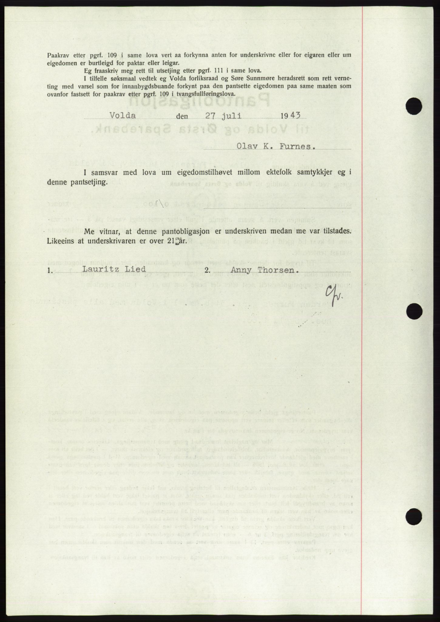 Søre Sunnmøre sorenskriveri, AV/SAT-A-4122/1/2/2C/L0114: Pantebok nr. 1-2B, 1943-1947, Dagboknr: 623/1943