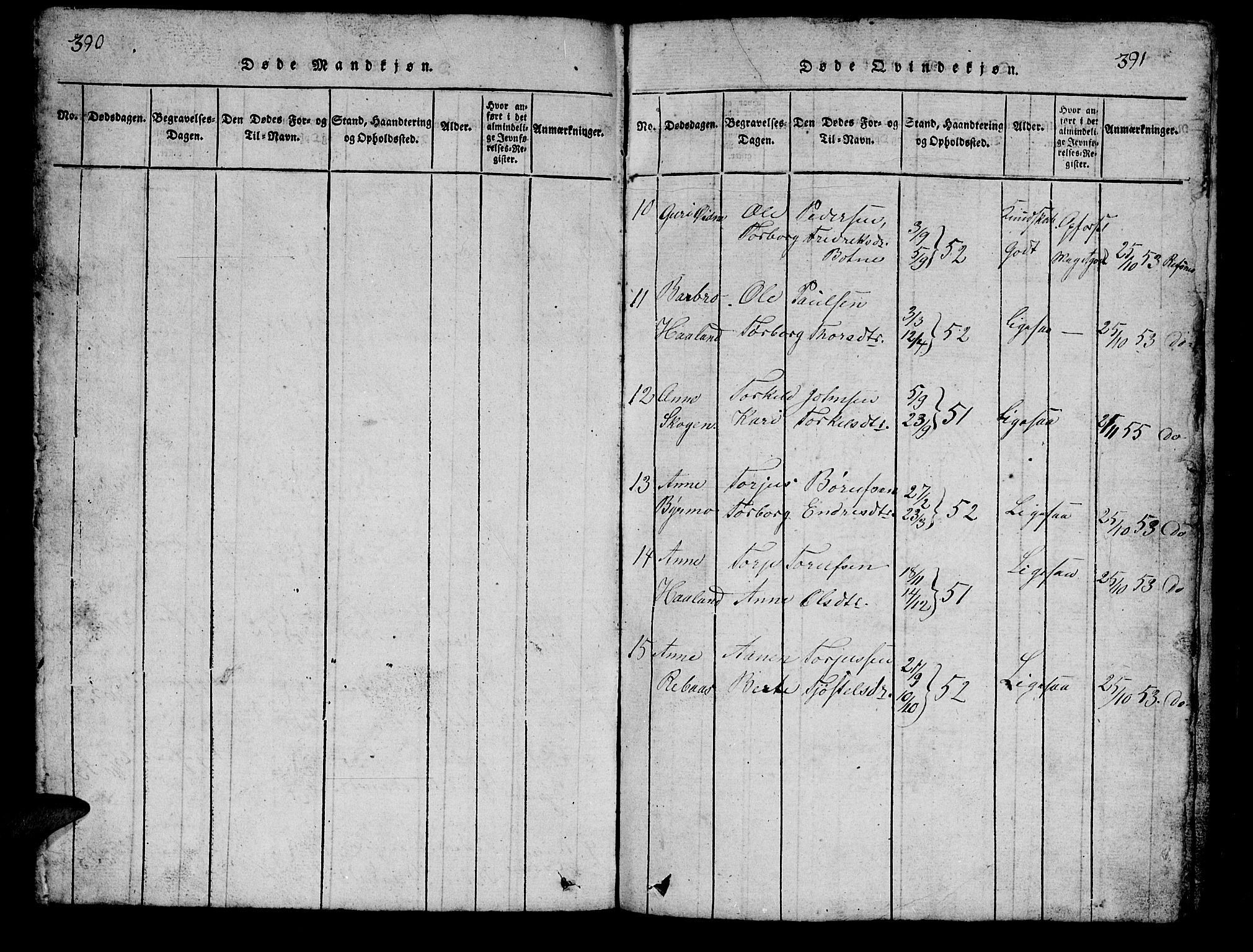 Bjelland sokneprestkontor, SAK/1111-0005/F/Fb/Fbc/L0001: Klokkerbok nr. B 1, 1815-1870, s. 390-391