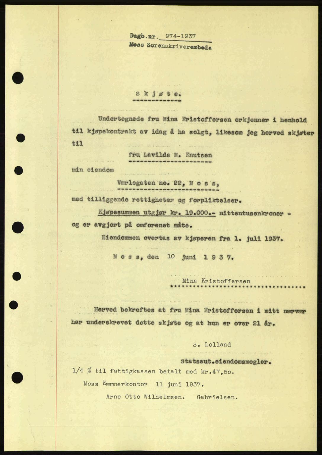 Moss sorenskriveri, SAO/A-10168: Pantebok nr. A3, 1937-1938, Dagboknr: 974/1937