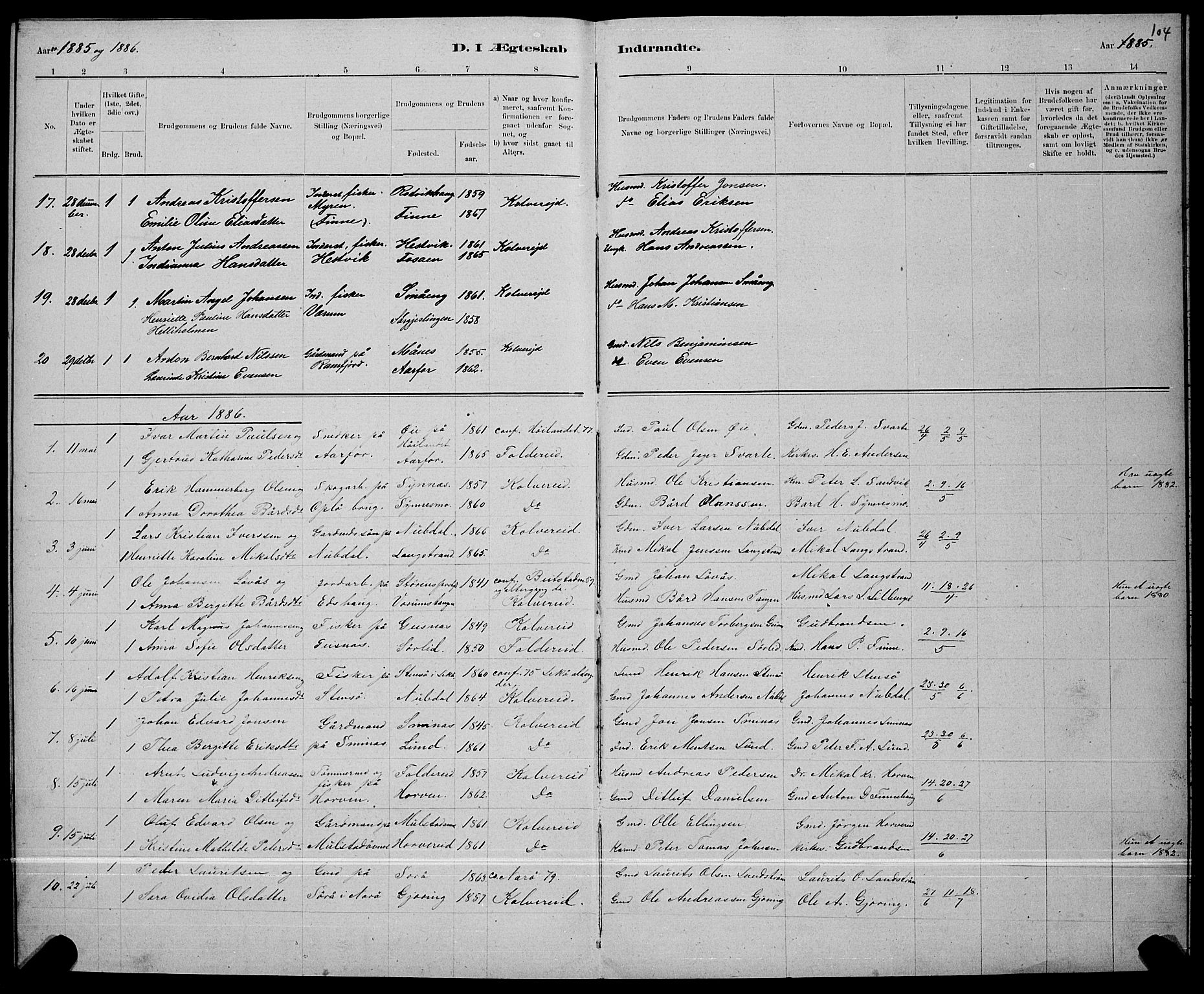 Ministerialprotokoller, klokkerbøker og fødselsregistre - Nord-Trøndelag, AV/SAT-A-1458/780/L0651: Klokkerbok nr. 780C03, 1884-1898, s. 104