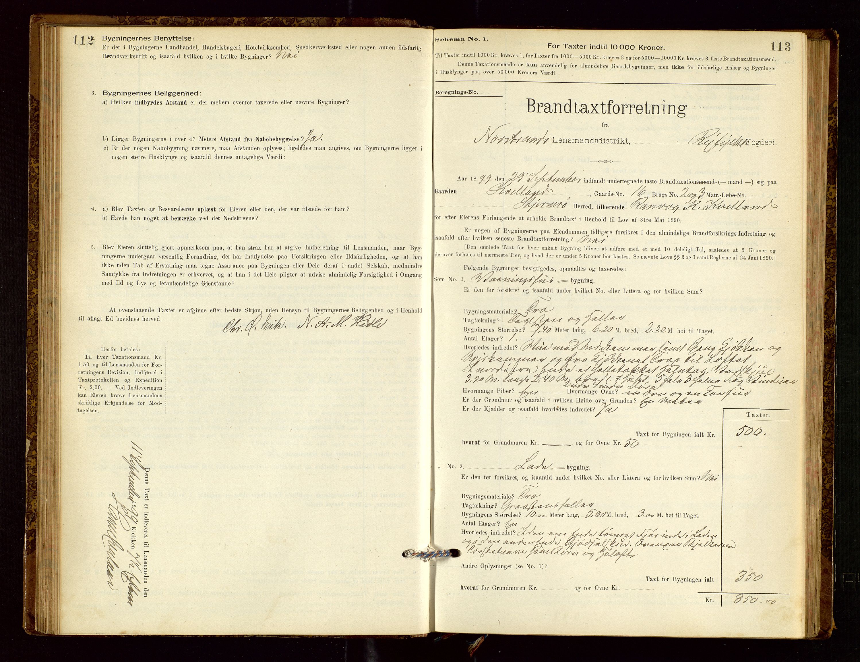 Nedstrand lensmannskontor, AV/SAST-A-100236/Gob/L0001: "Brandtaxationsprotokol for Nerstrand Lensmandsdistrikt Ryfylke fogderi", 1895-1915, s. 112-113