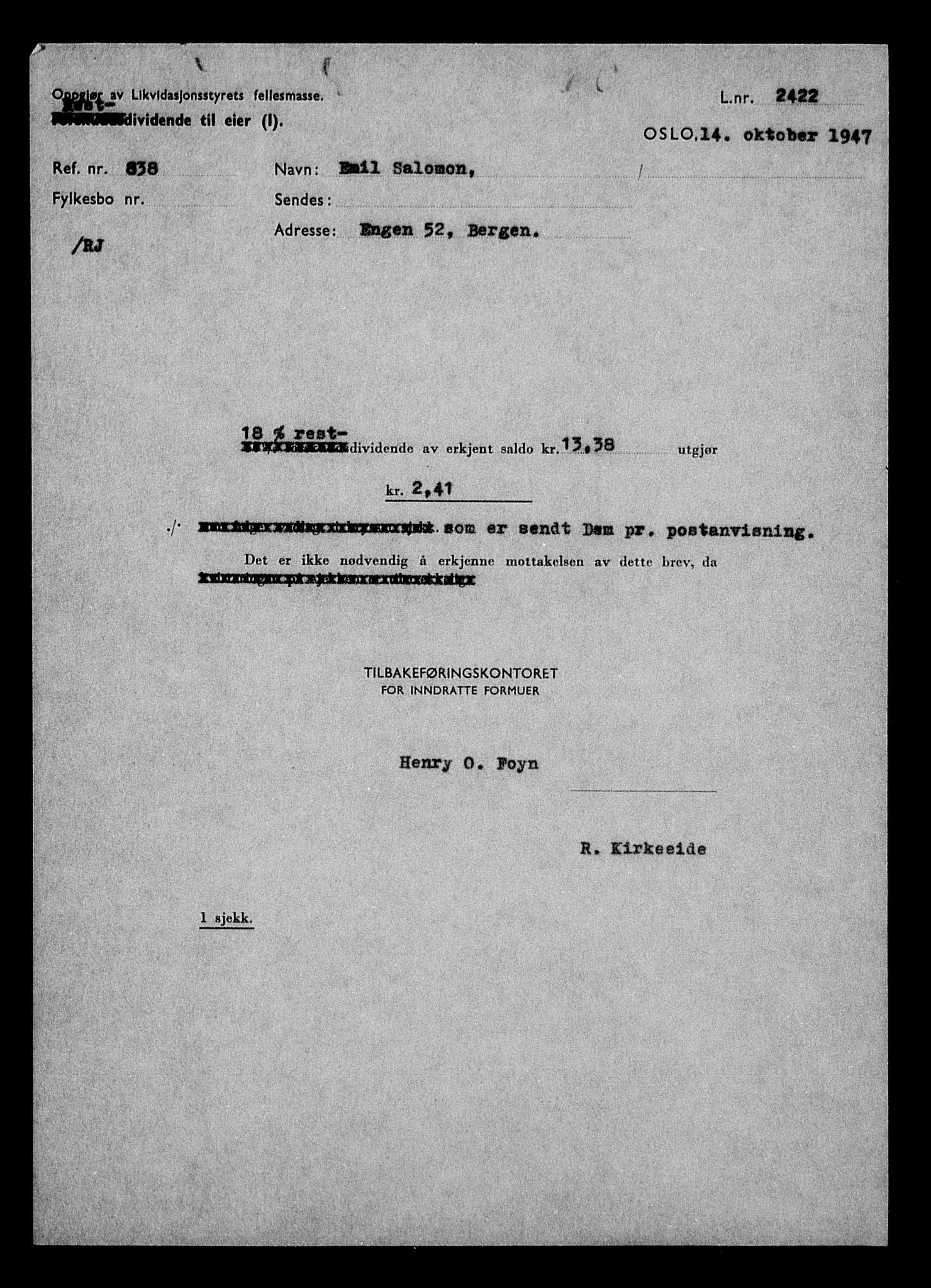 Justisdepartementet, Tilbakeføringskontoret for inndratte formuer, RA/S-1564/H/Hc/Hcd/L1005: --, 1945-1947, s. 235