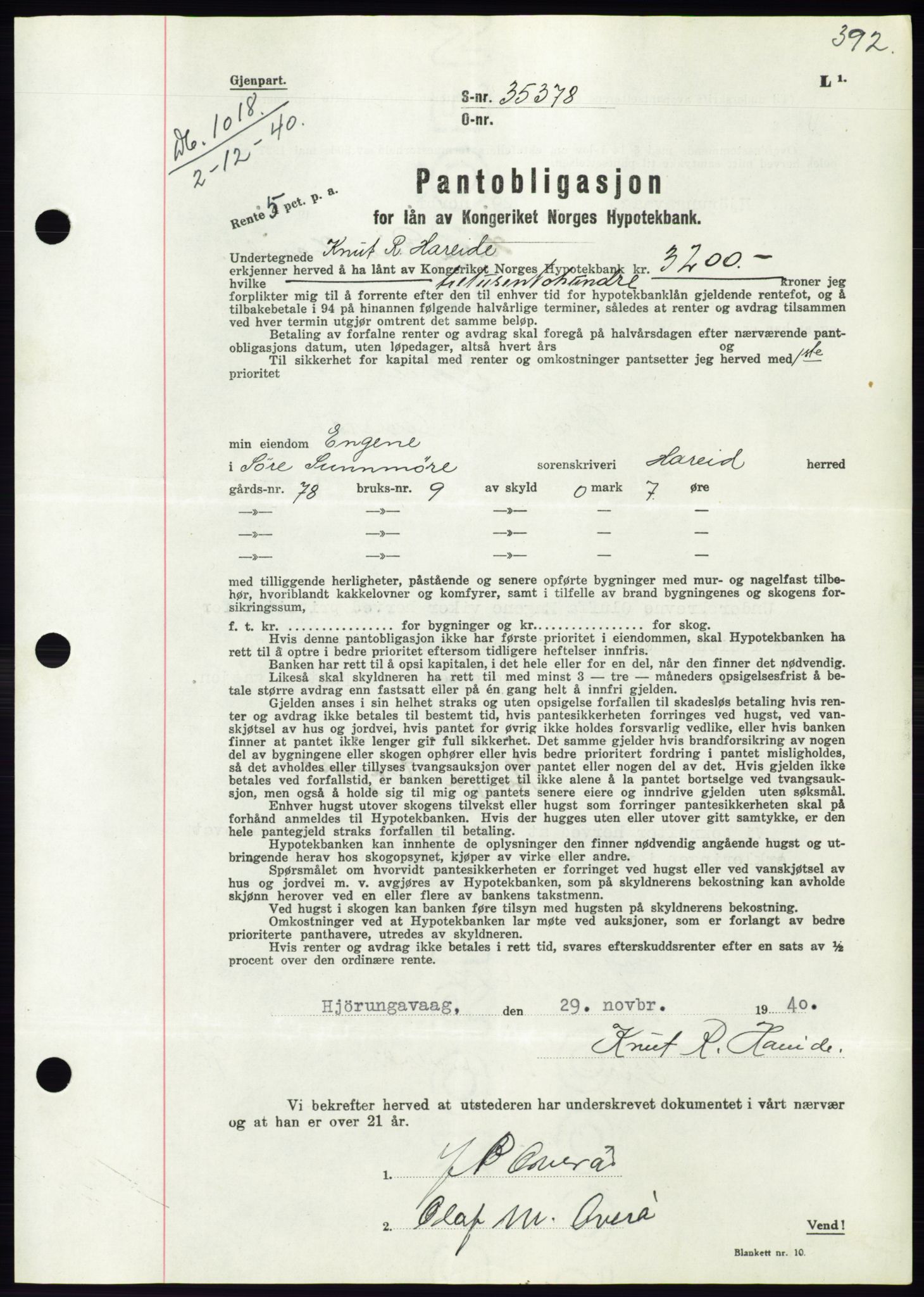 Søre Sunnmøre sorenskriveri, SAT/A-4122/1/2/2C/L0070: Pantebok nr. 64, 1940-1941, Dagboknr: 1018/1940