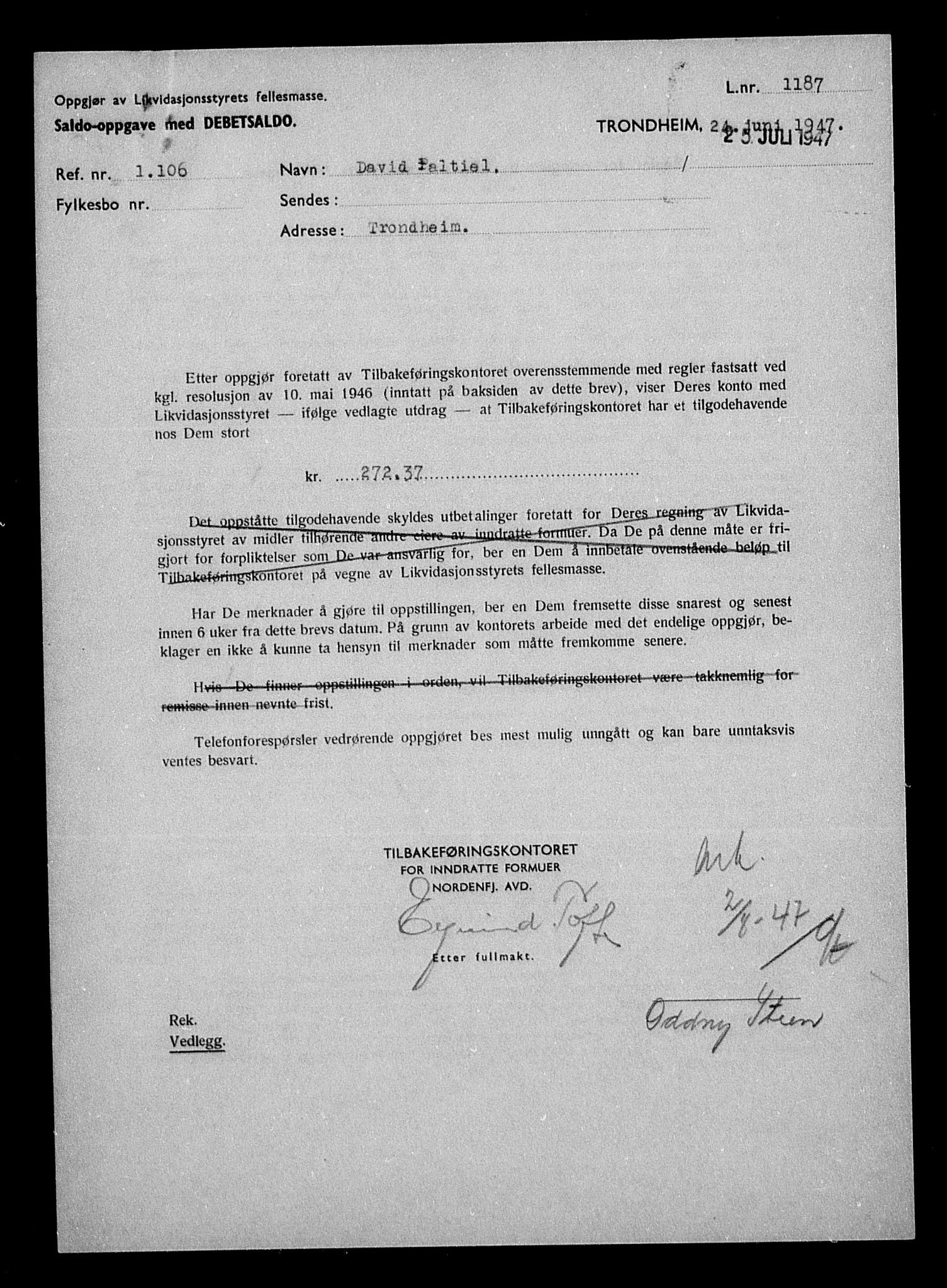 Justisdepartementet, Tilbakeføringskontoret for inndratte formuer, AV/RA-S-1564/H/Hc/Hca/L0906: --, 1945-1947, s. 275
