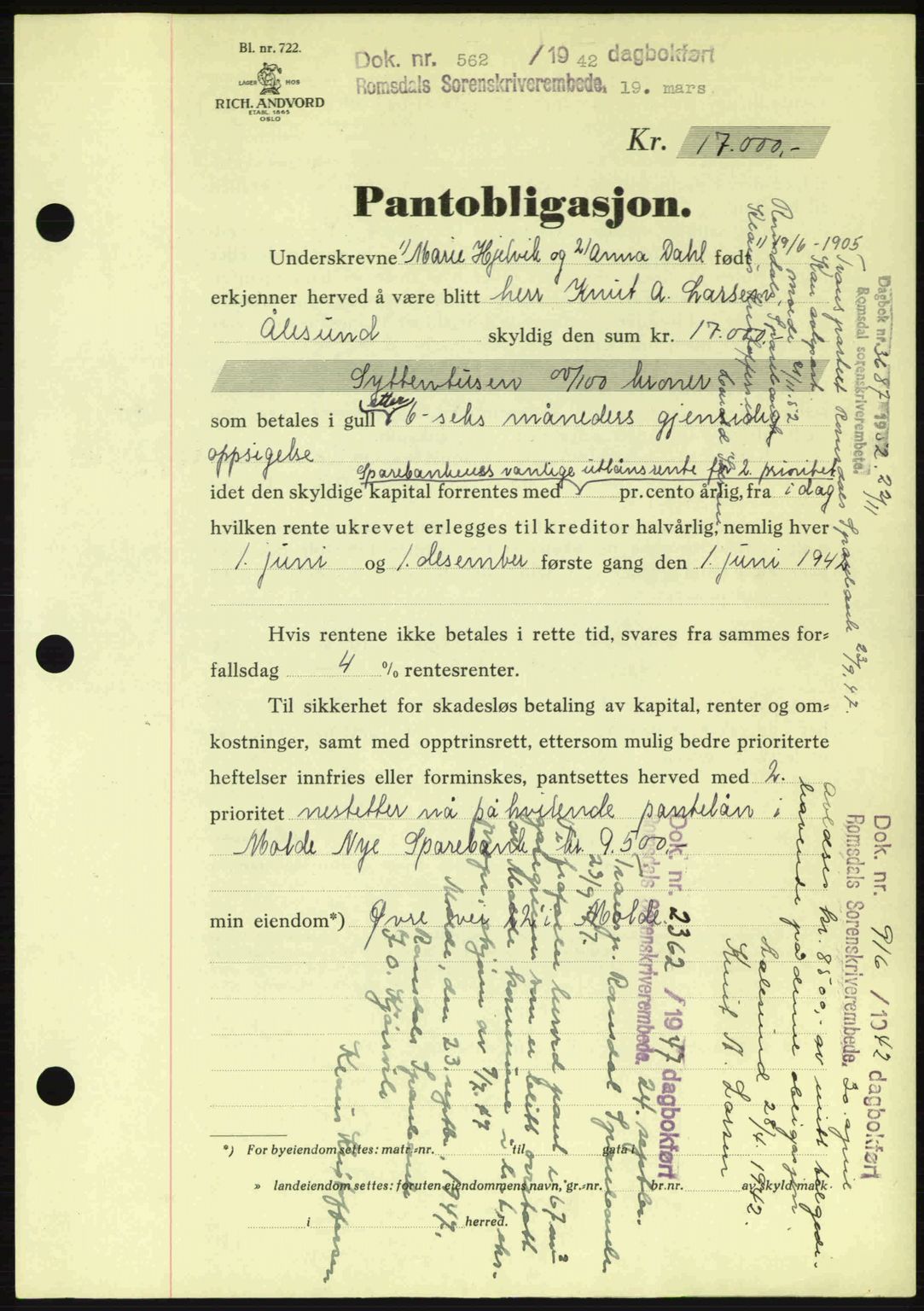 Romsdal sorenskriveri, SAT/A-4149/1/2/2C: Pantebok nr. B2, 1939-1945, Dagboknr: 562/1942