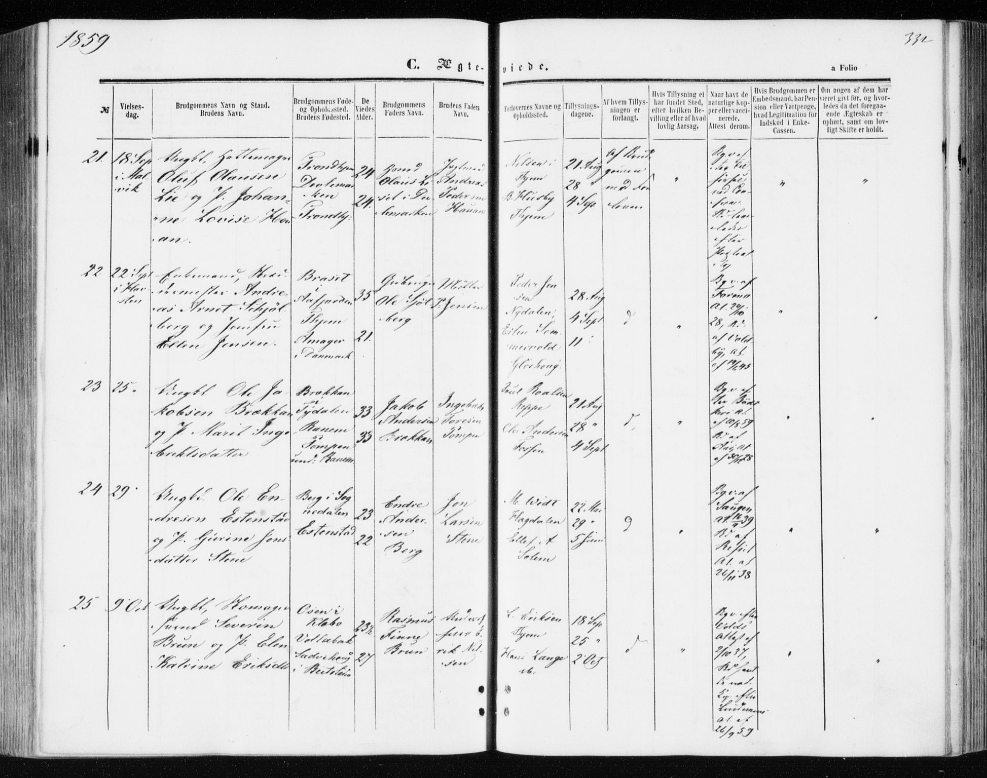 Ministerialprotokoller, klokkerbøker og fødselsregistre - Sør-Trøndelag, SAT/A-1456/606/L0292: Ministerialbok nr. 606A07, 1856-1865, s. 332