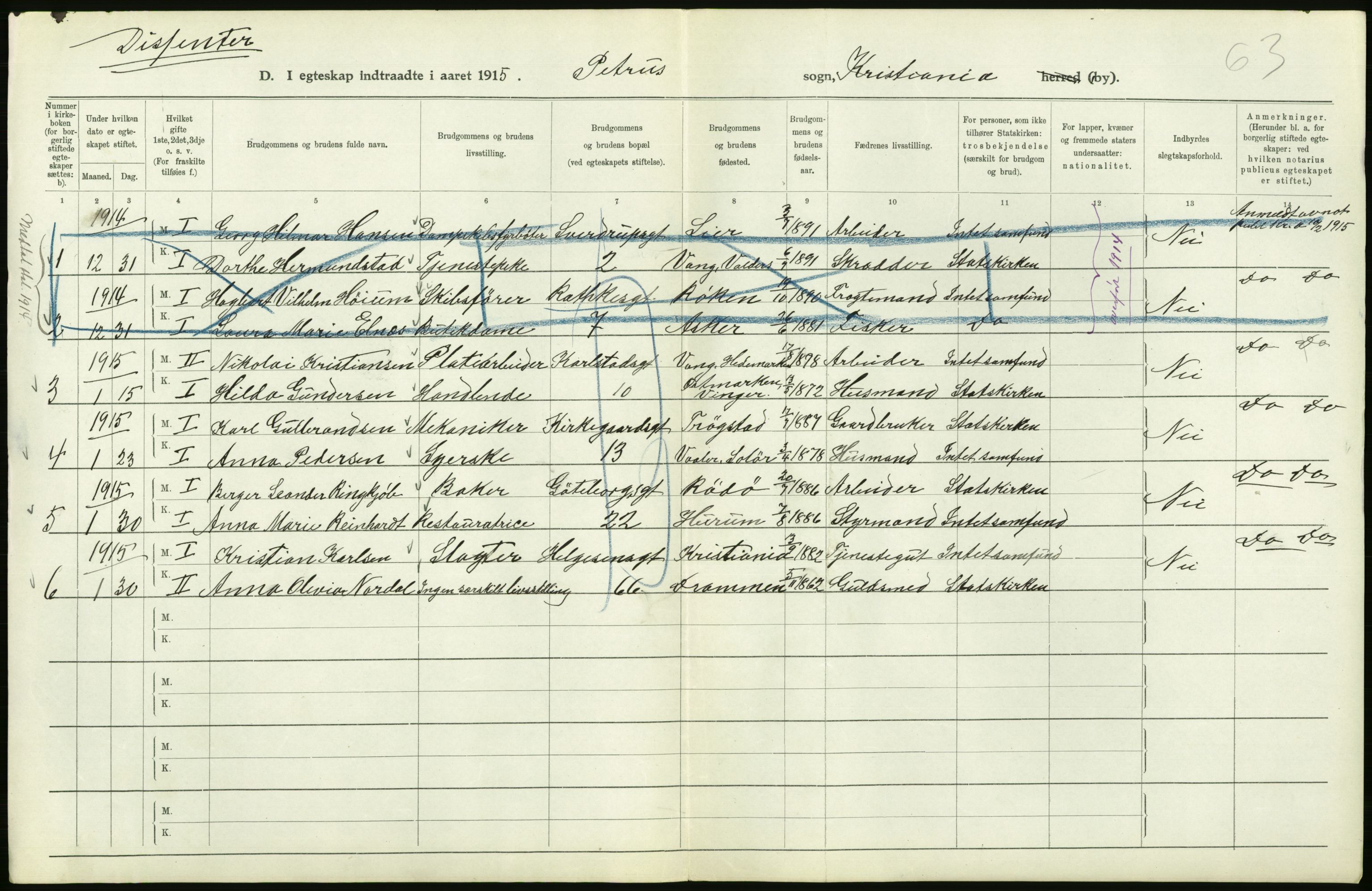 Statistisk sentralbyrå, Sosiodemografiske emner, Befolkning, RA/S-2228/D/Df/Dfb/Dfbe/L0008: Kristiania: Gifte., 1915, s. 500