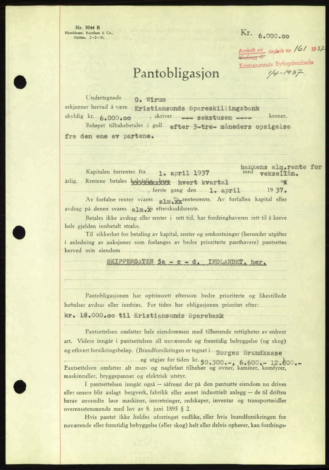 Kristiansund byfogd, SAT/A-4587/A/27: Pantebok nr. 29, 1936-1937, Dagboknr: 161/1937