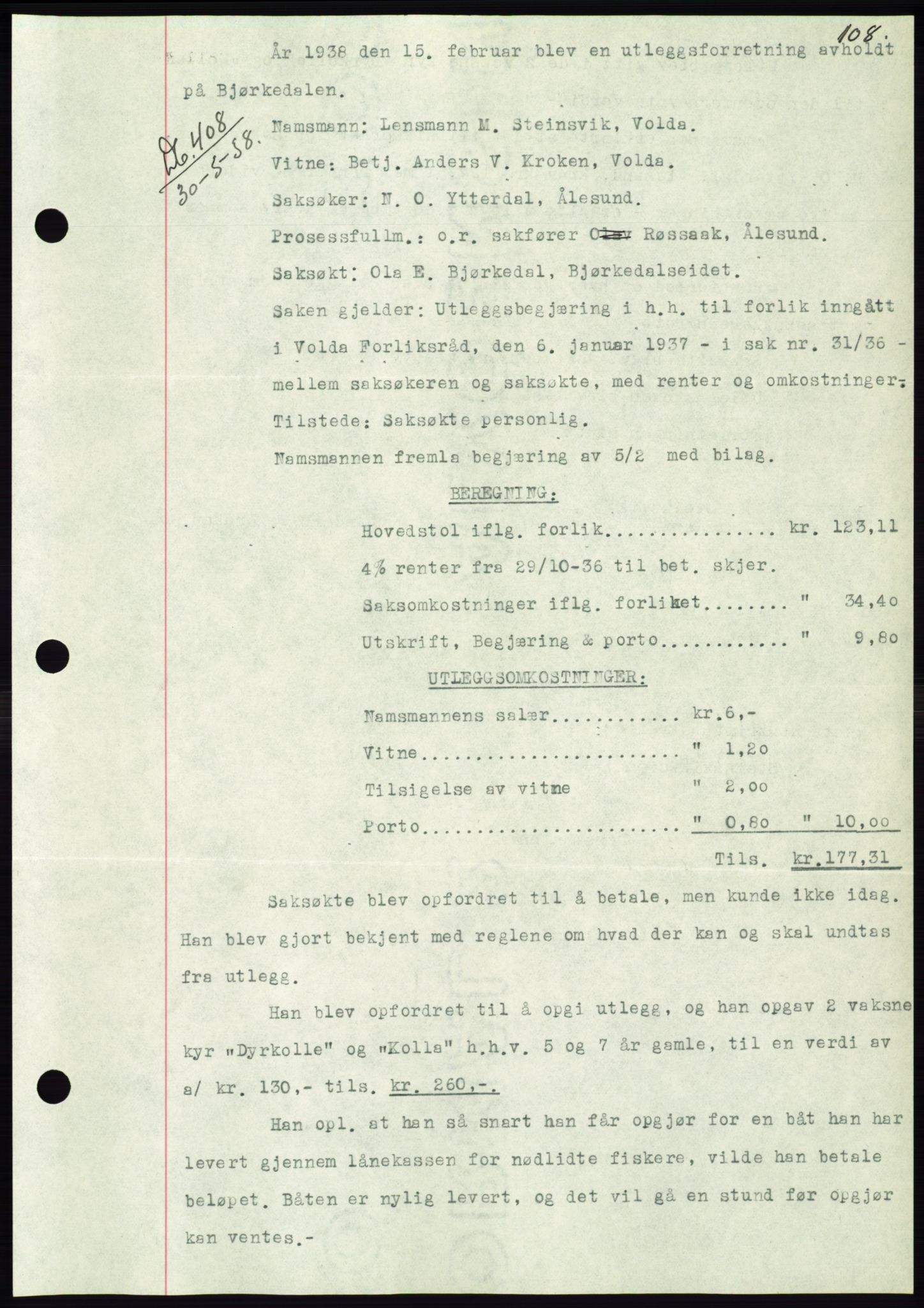 Søre Sunnmøre sorenskriveri, AV/SAT-A-4122/1/2/2C/L0065: Pantebok nr. 59, 1938-1938, Dagboknr: 409/1938