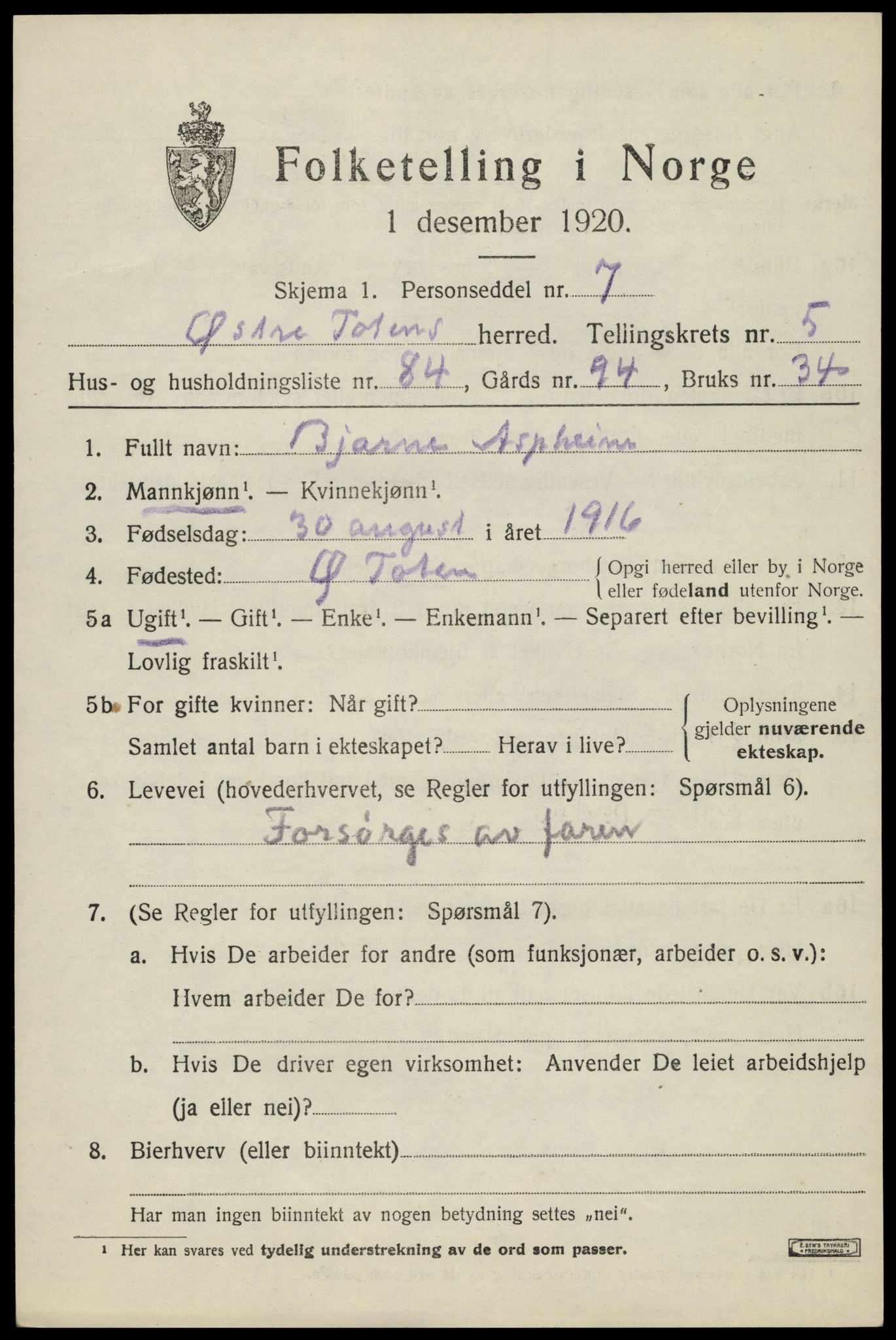 SAH, Folketelling 1920 for 0528 Østre Toten herred, 1920, s. 11700