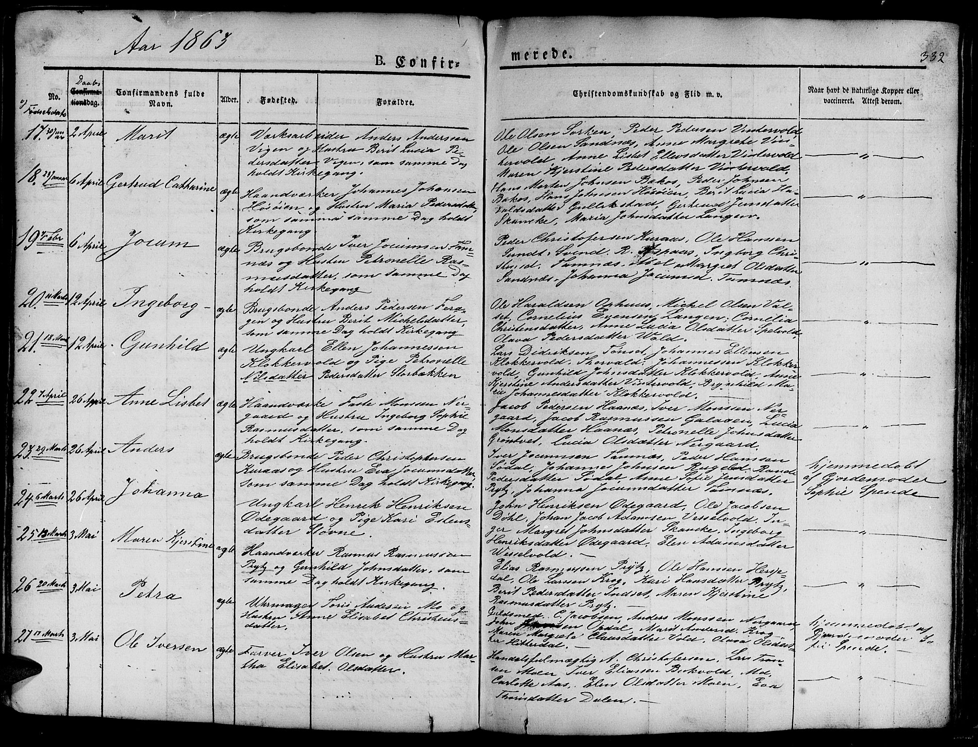 Ministerialprotokoller, klokkerbøker og fødselsregistre - Sør-Trøndelag, SAT/A-1456/681/L0938: Klokkerbok nr. 681C02, 1829-1879, s. 332