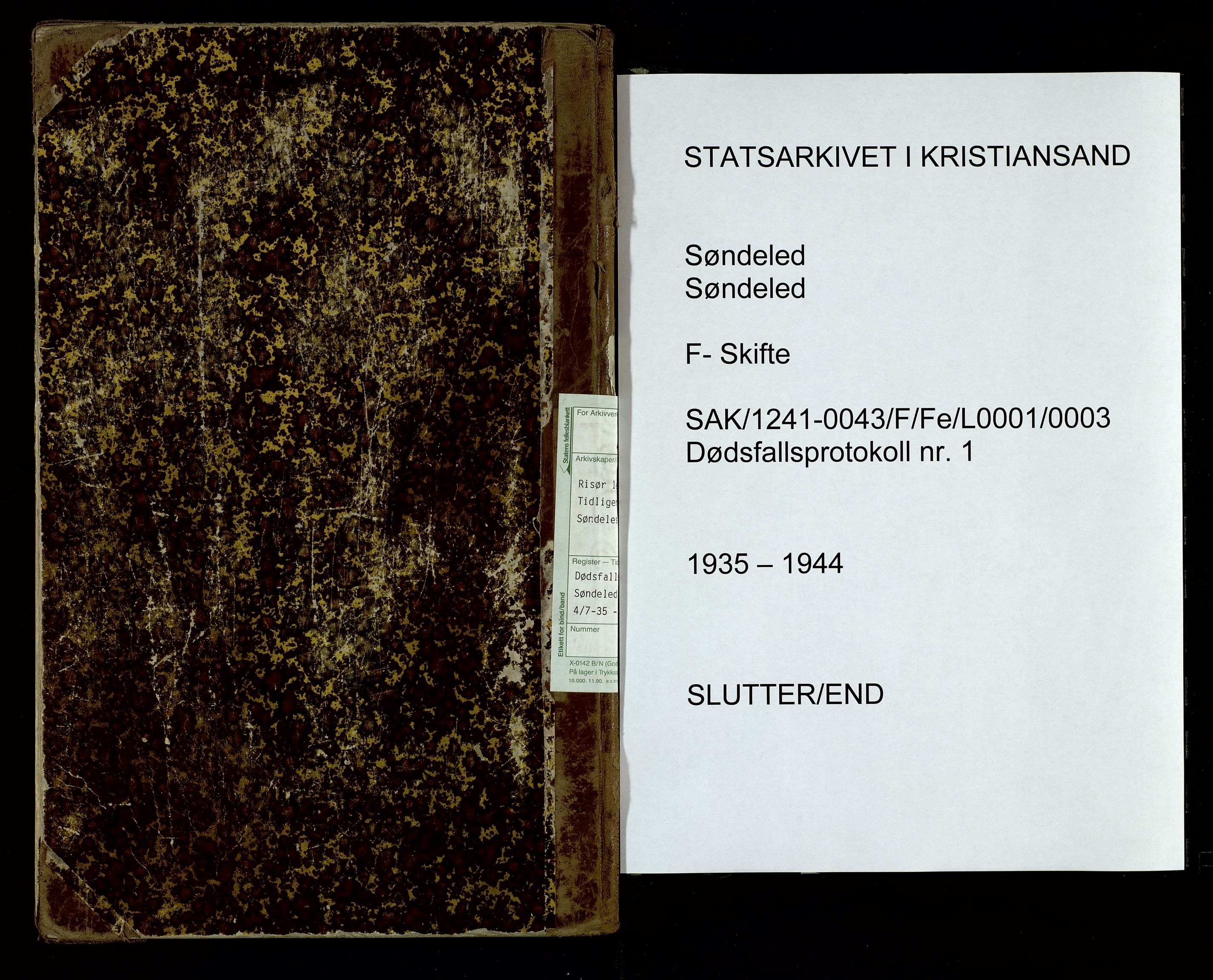 Søndeled lensmannskontor, SAK/1241-0043/F/Fe/L0001/0003: Dødsfallsprotokoller / Dødsfallsprotokoll Søndeled med register, 1935-1944