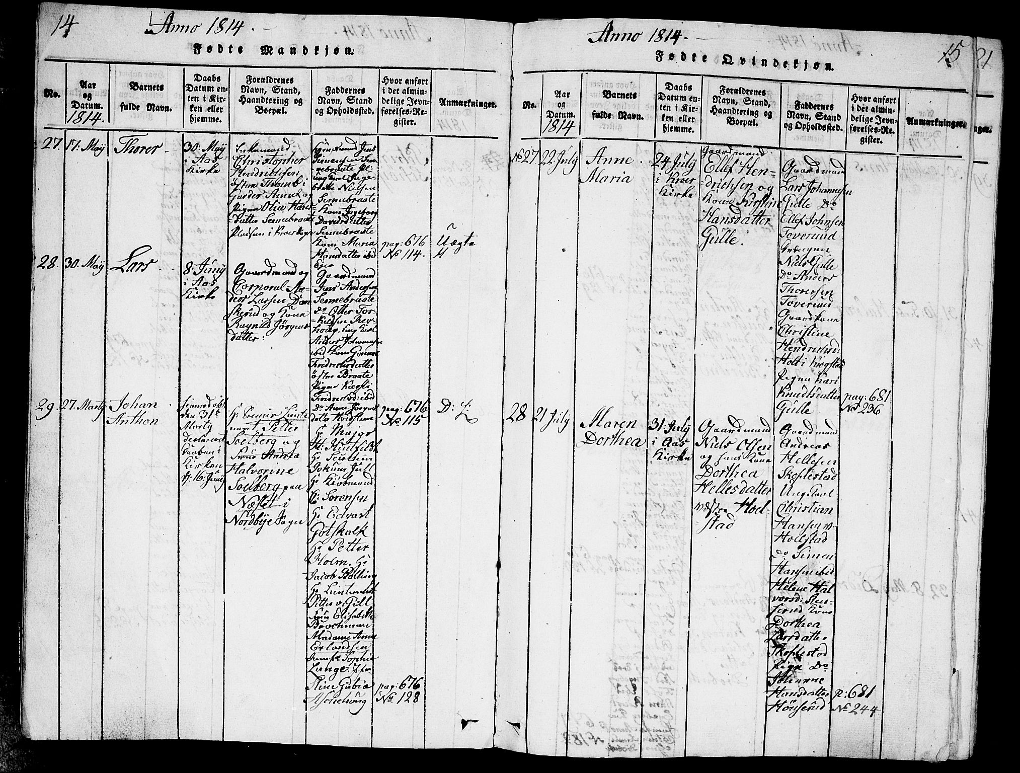 Ås prestekontor Kirkebøker, AV/SAO-A-10894/G/Ga/L0001: Klokkerbok nr. I 1, 1814-1820, s. 14-15