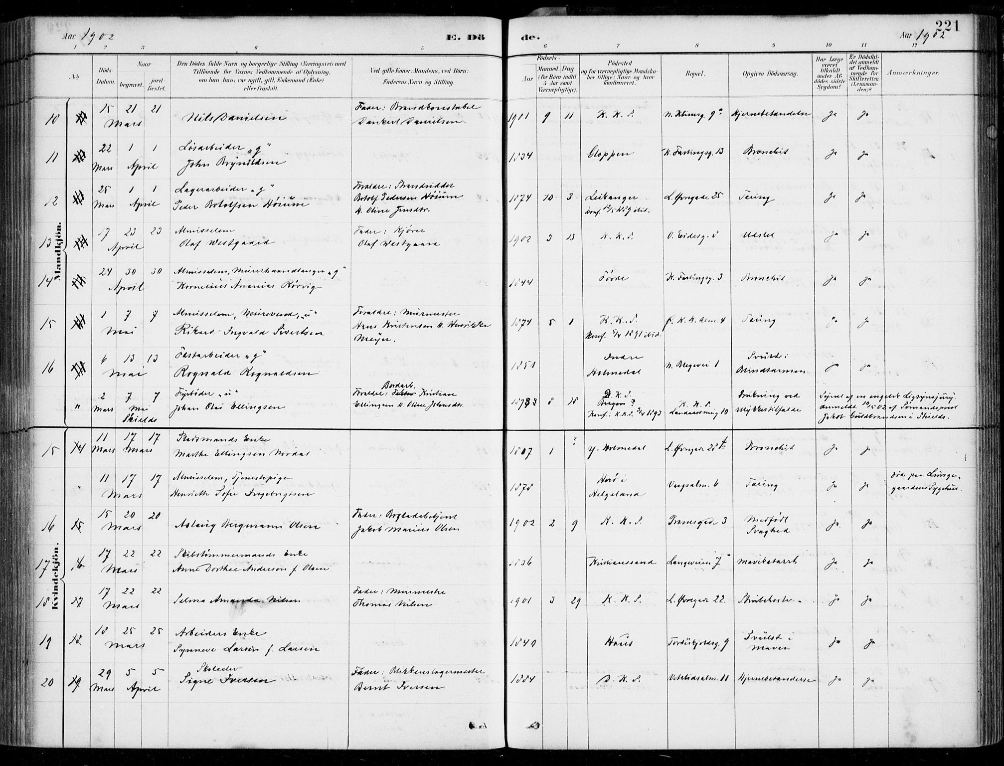 Korskirken sokneprestembete, AV/SAB-A-76101/H/Hab: Klokkerbok nr. E 4, 1884-1910, s. 221