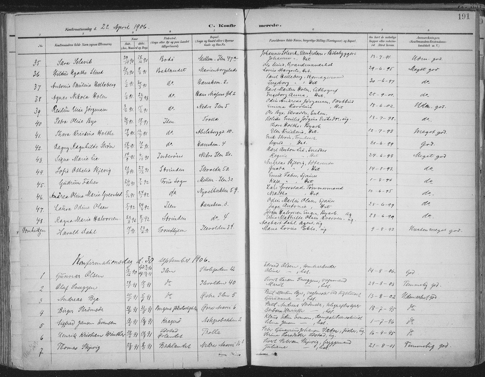 Ministerialprotokoller, klokkerbøker og fødselsregistre - Sør-Trøndelag, SAT/A-1456/603/L0167: Ministerialbok nr. 603A06, 1896-1932, s. 191