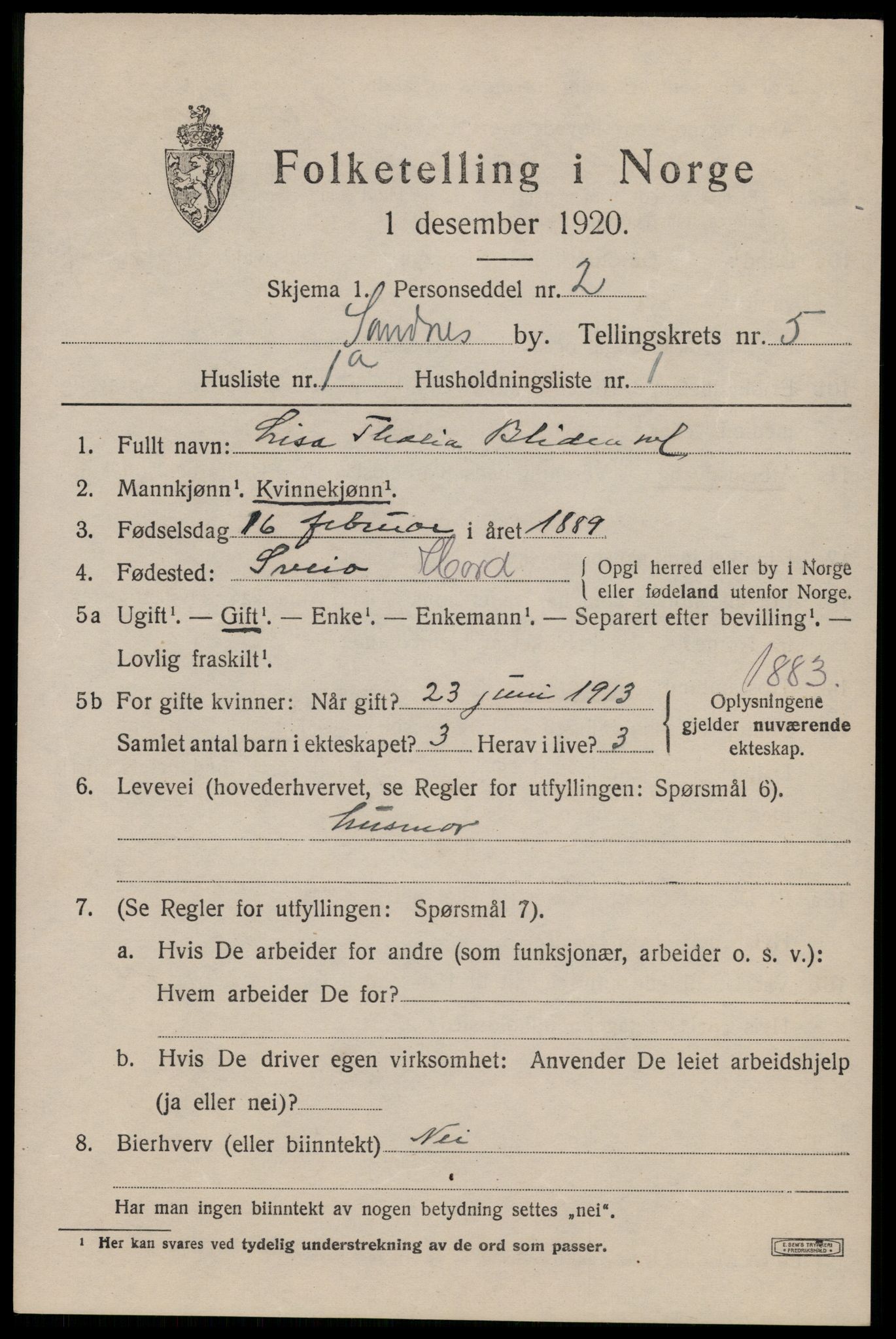 SAST, Folketelling 1920 for 1102 Sandnes ladested, 1920, s. 4626