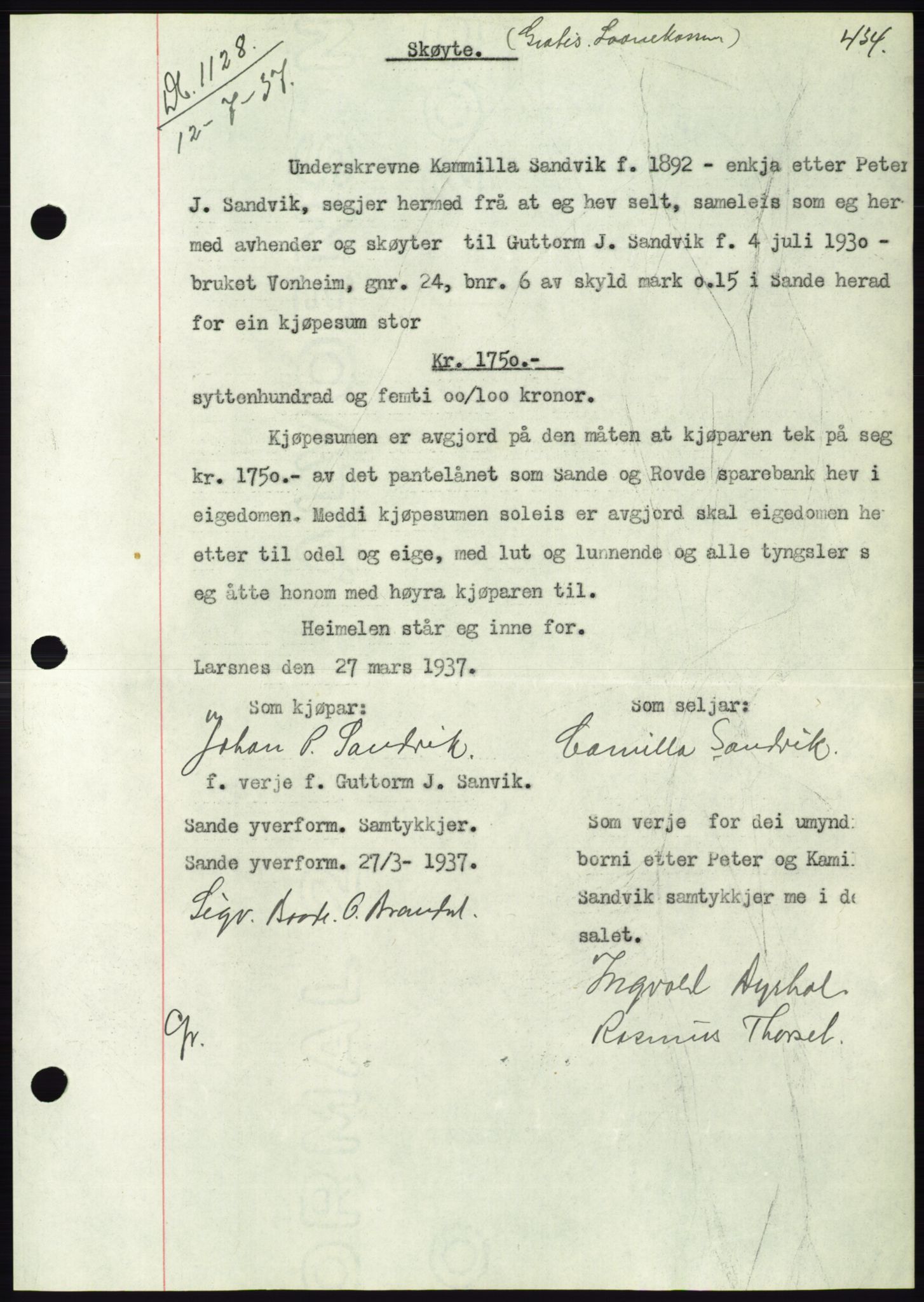 Søre Sunnmøre sorenskriveri, AV/SAT-A-4122/1/2/2C/L0063: Pantebok nr. 57, 1937-1937, Dagboknr: 1128/1937