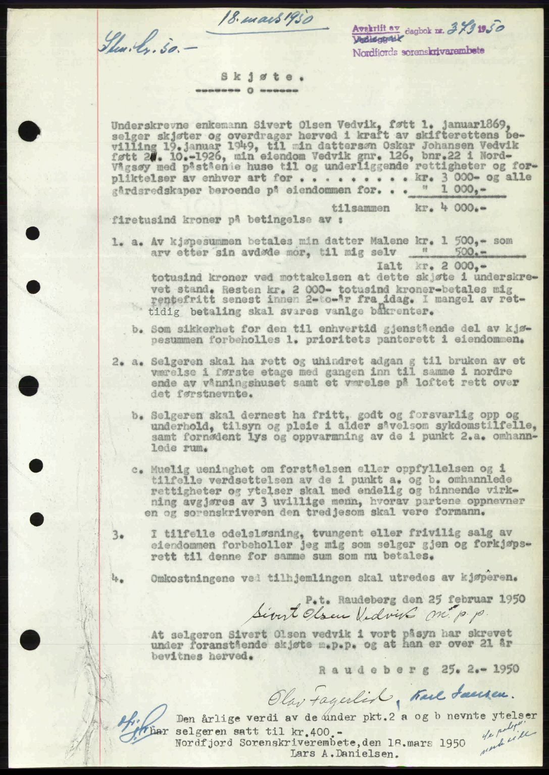 Nordfjord sorenskriveri, SAB/A-2801/02/02b/02bj/L0016a: Pantebok nr. A16 I, 1949-1950, Dagboknr: 373/1950