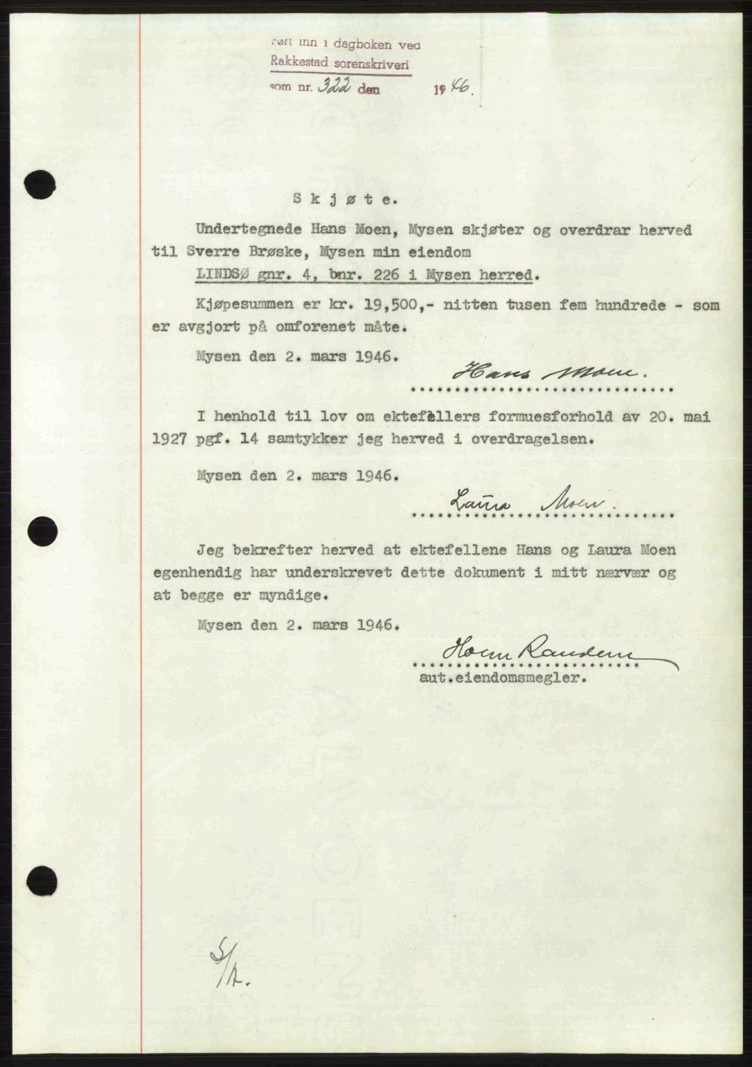 Rakkestad sorenskriveri, AV/SAO-A-10686/G/Gb/Gba/Gbab/L0012a: Pantebok nr. A12 I, 1945-1946, Dagboknr: 322/1946