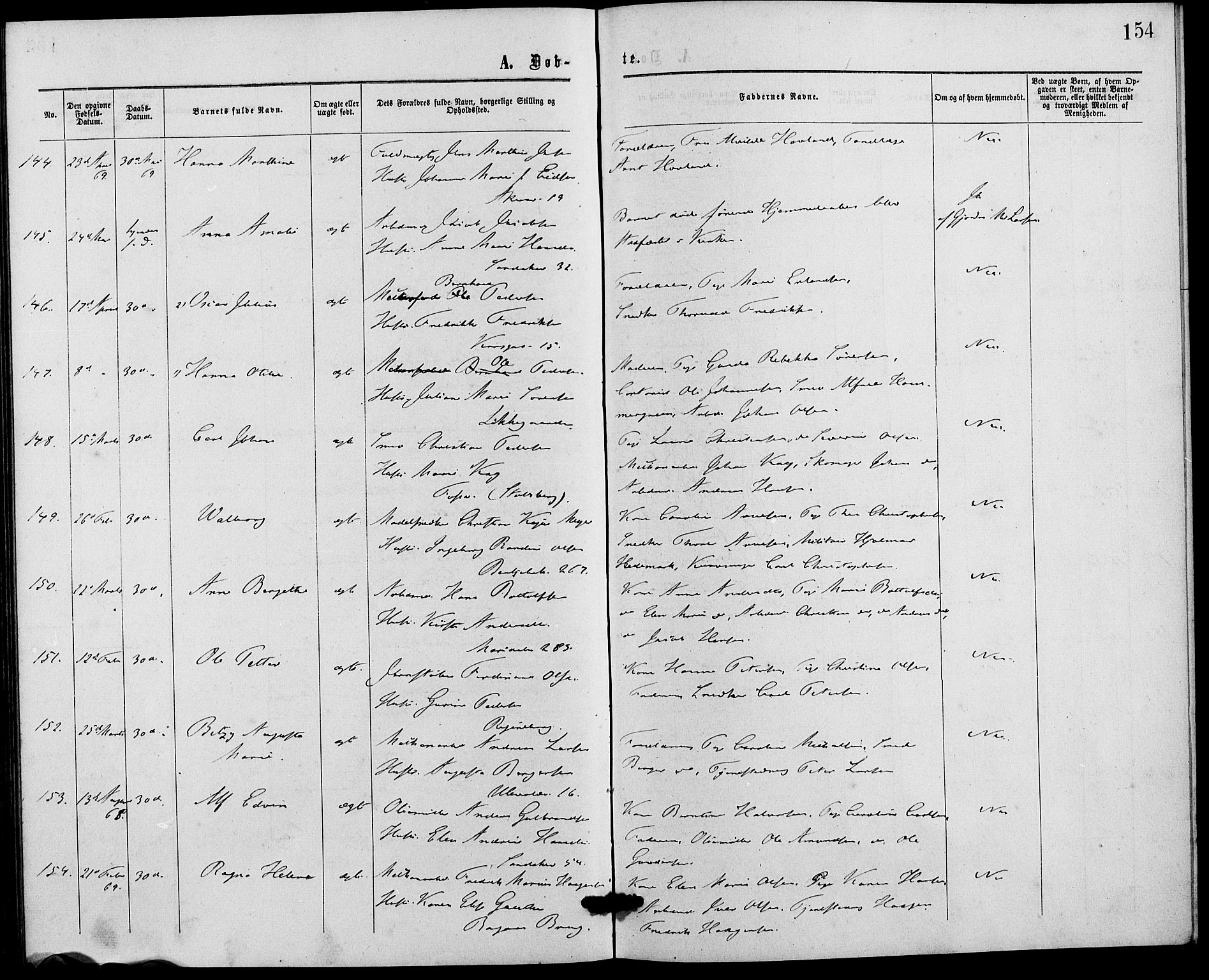 Gamle Aker prestekontor Kirkebøker, AV/SAO-A-10617a/G/L0002: Klokkerbok nr. 2, 1864-1869, s. 154