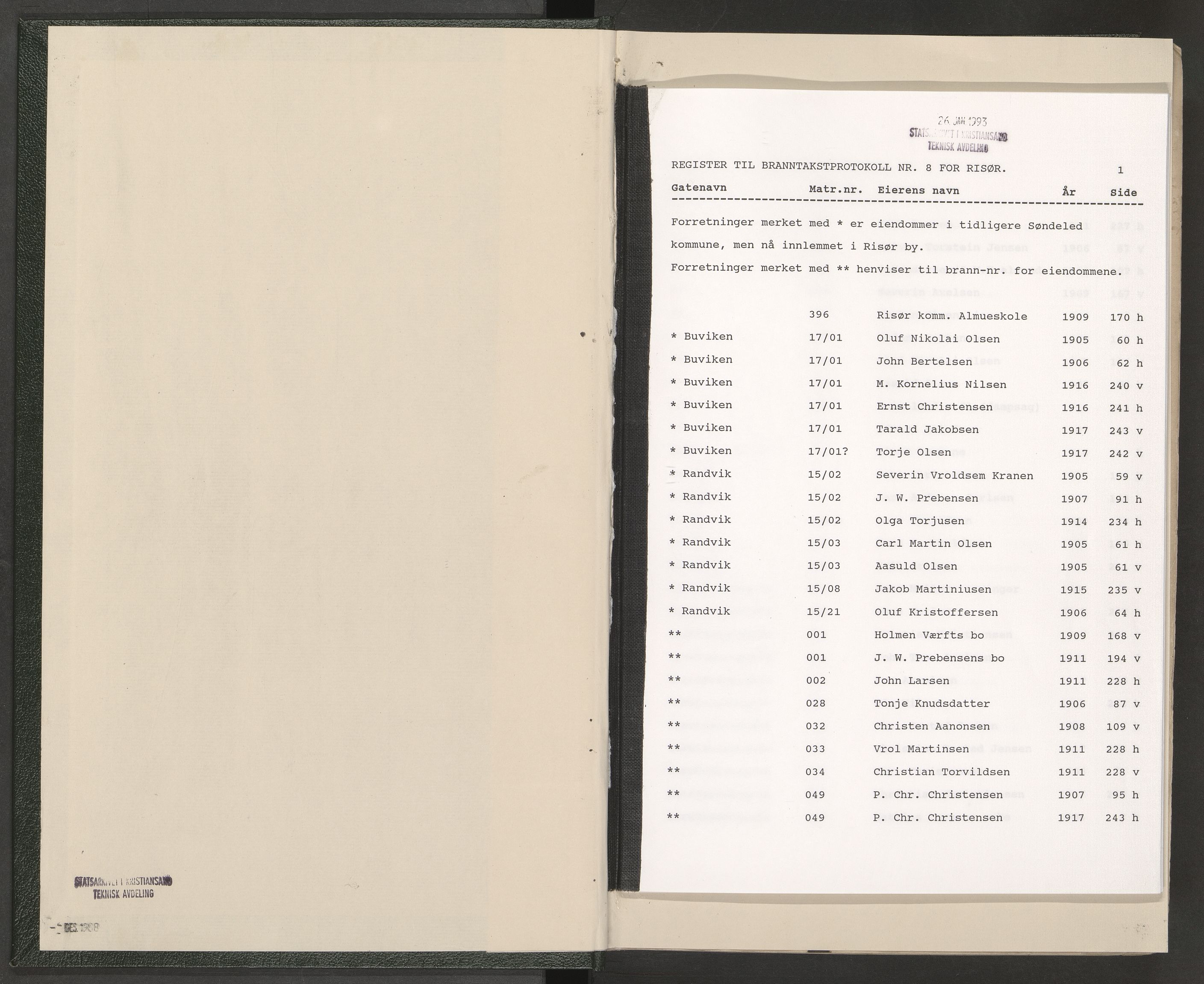 Norges Brannkasse Risør, AV/SAK-2241-0043/F/Fa/L0011: Branntakstprotokoll nr. 8 med gatenavnsregister, 1904-1918