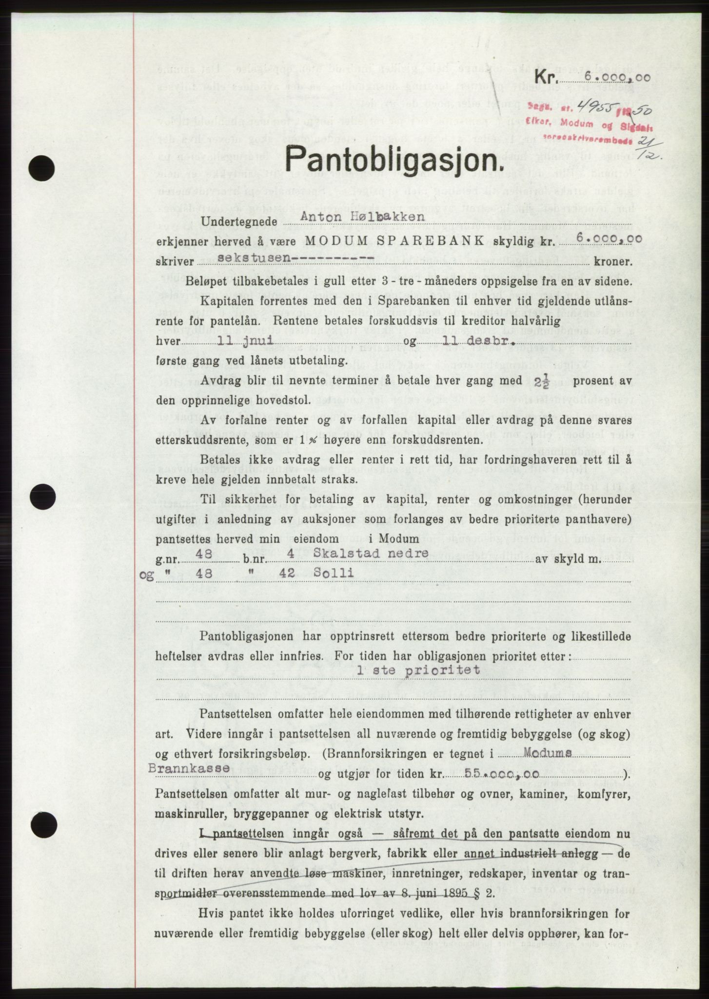 Eiker, Modum og Sigdal sorenskriveri, SAKO/A-123/G/Ga/Gac/L0008: Pantebok nr. B10, 1950-1950, Dagboknr: 4955/1950