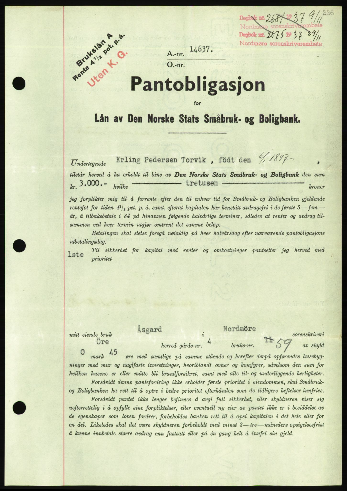 Nordmøre sorenskriveri, AV/SAT-A-4132/1/2/2Ca/L0092: Pantebok nr. B82, 1937-1938, Dagboknr: 2875/1937