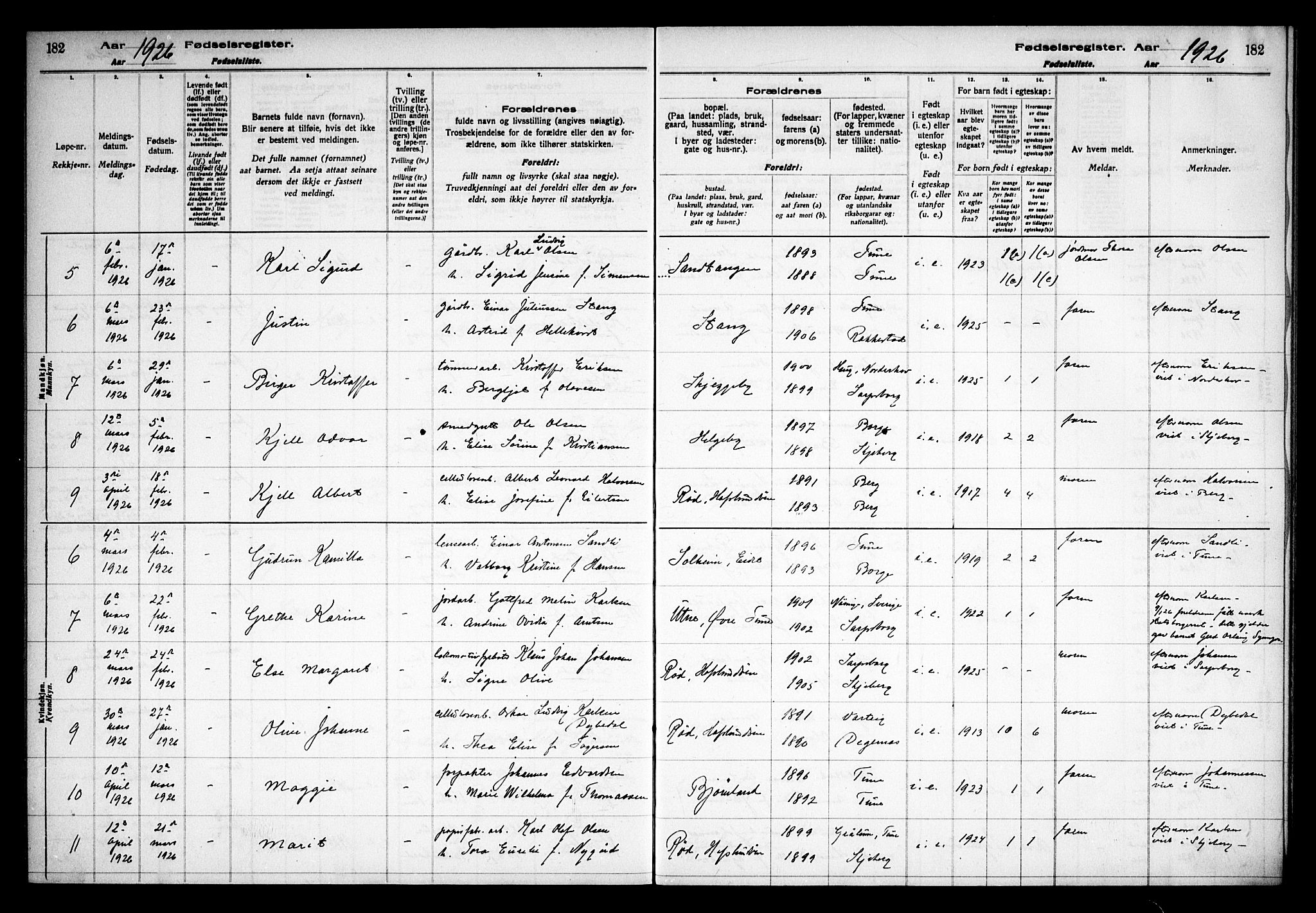 Tune prestekontor Kirkebøker, AV/SAO-A-2007/J/Ja/L0001: Fødselsregister nr. I 1, 1916-1928, s. 182
