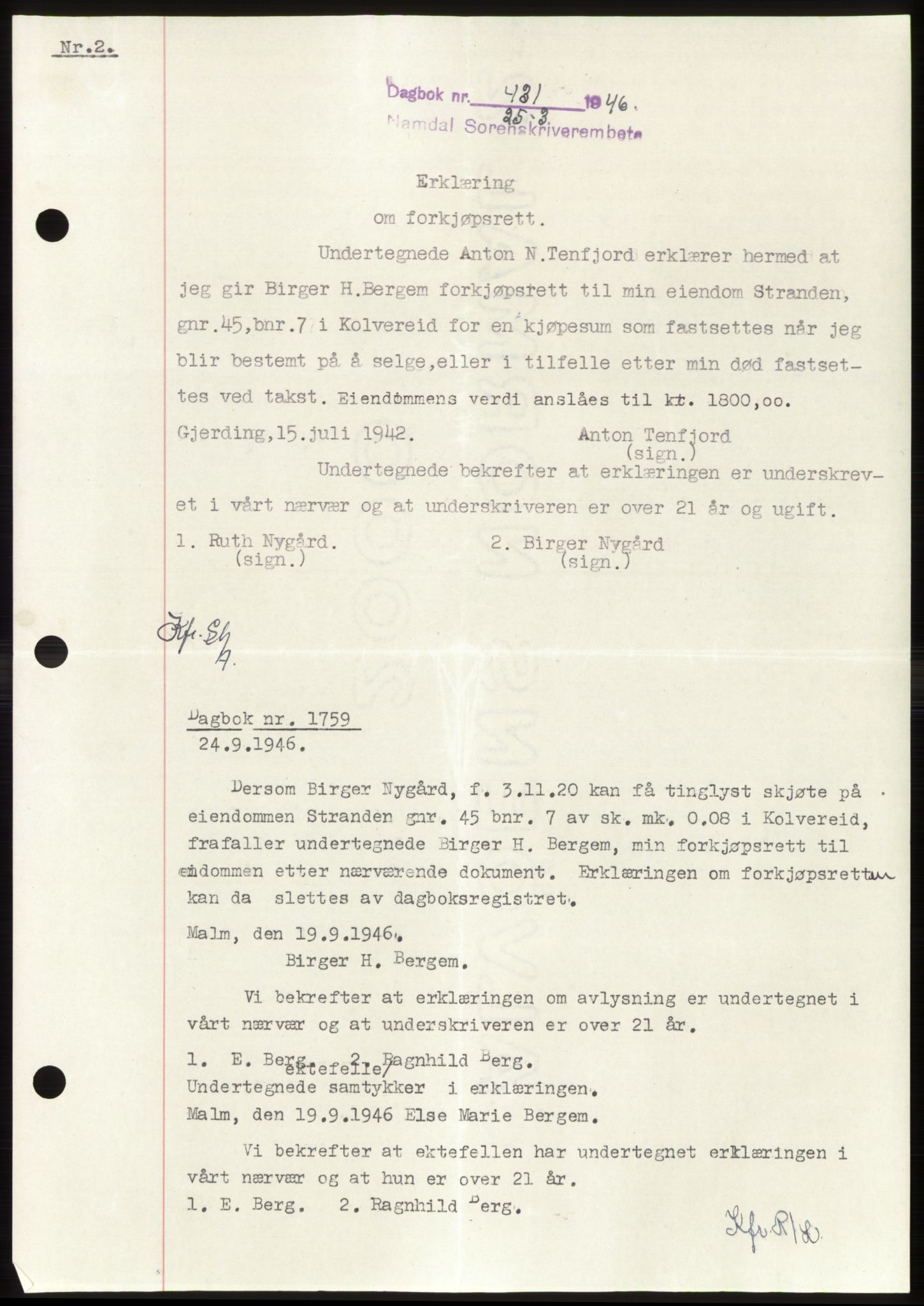 Namdal sorenskriveri, SAT/A-4133/1/2/2C: Pantebok nr. -, 1946-1946, Dagboknr: 431/1946