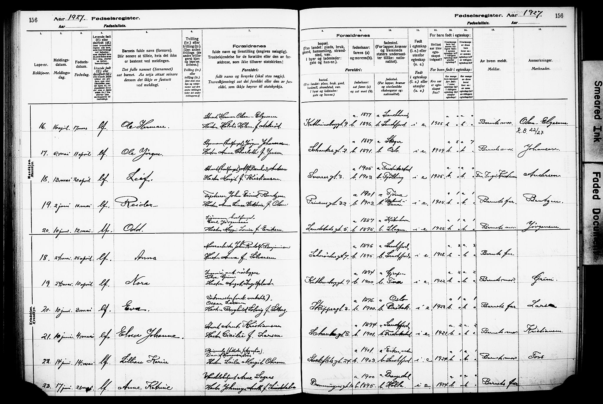 Sandefjord kirkebøker, AV/SAKO-A-315/J/Ja/L0001: Fødselsregister nr. 1, 1916-1932, s. 156