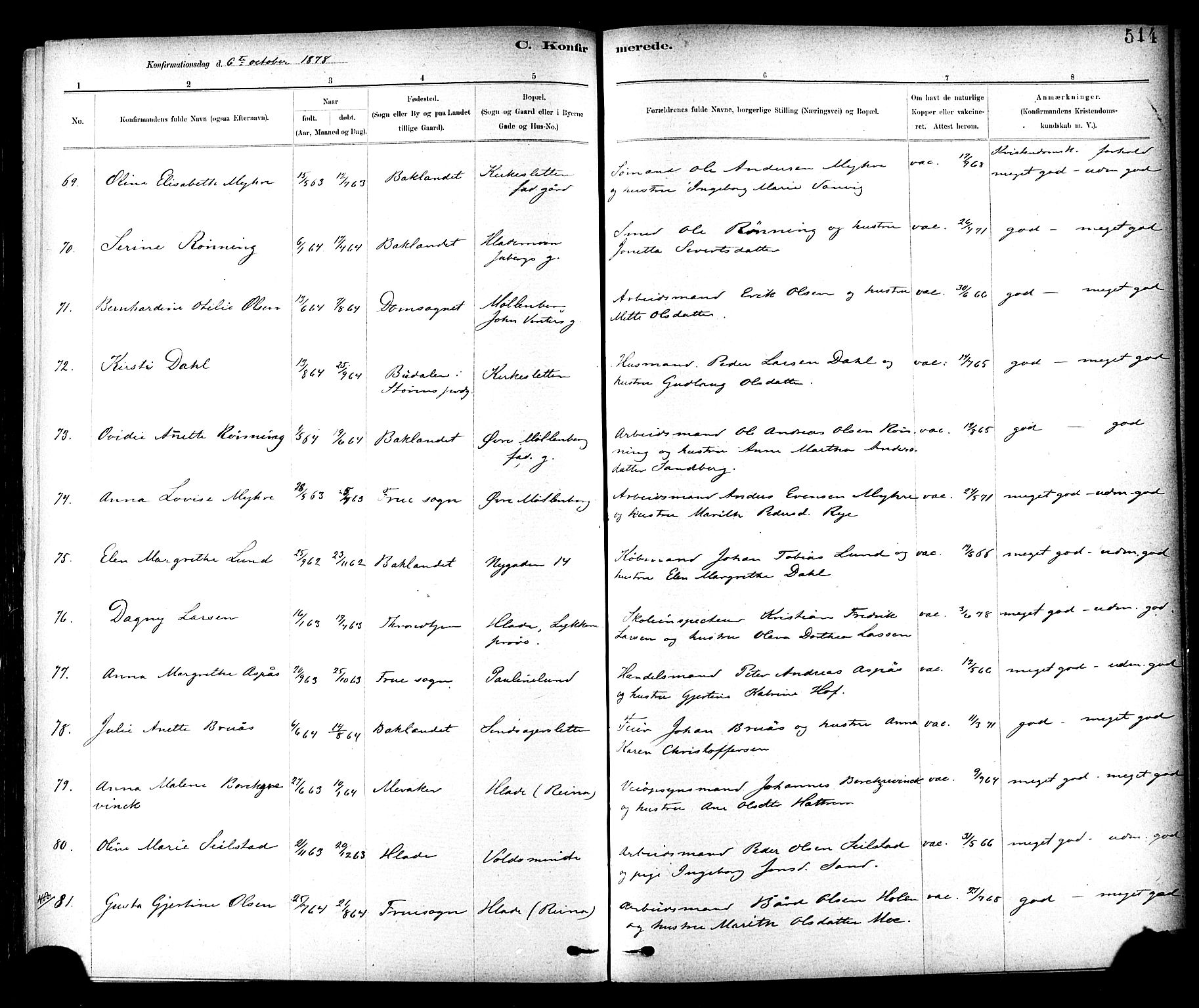 Ministerialprotokoller, klokkerbøker og fødselsregistre - Sør-Trøndelag, SAT/A-1456/604/L0188: Ministerialbok nr. 604A09, 1878-1892, s. 514